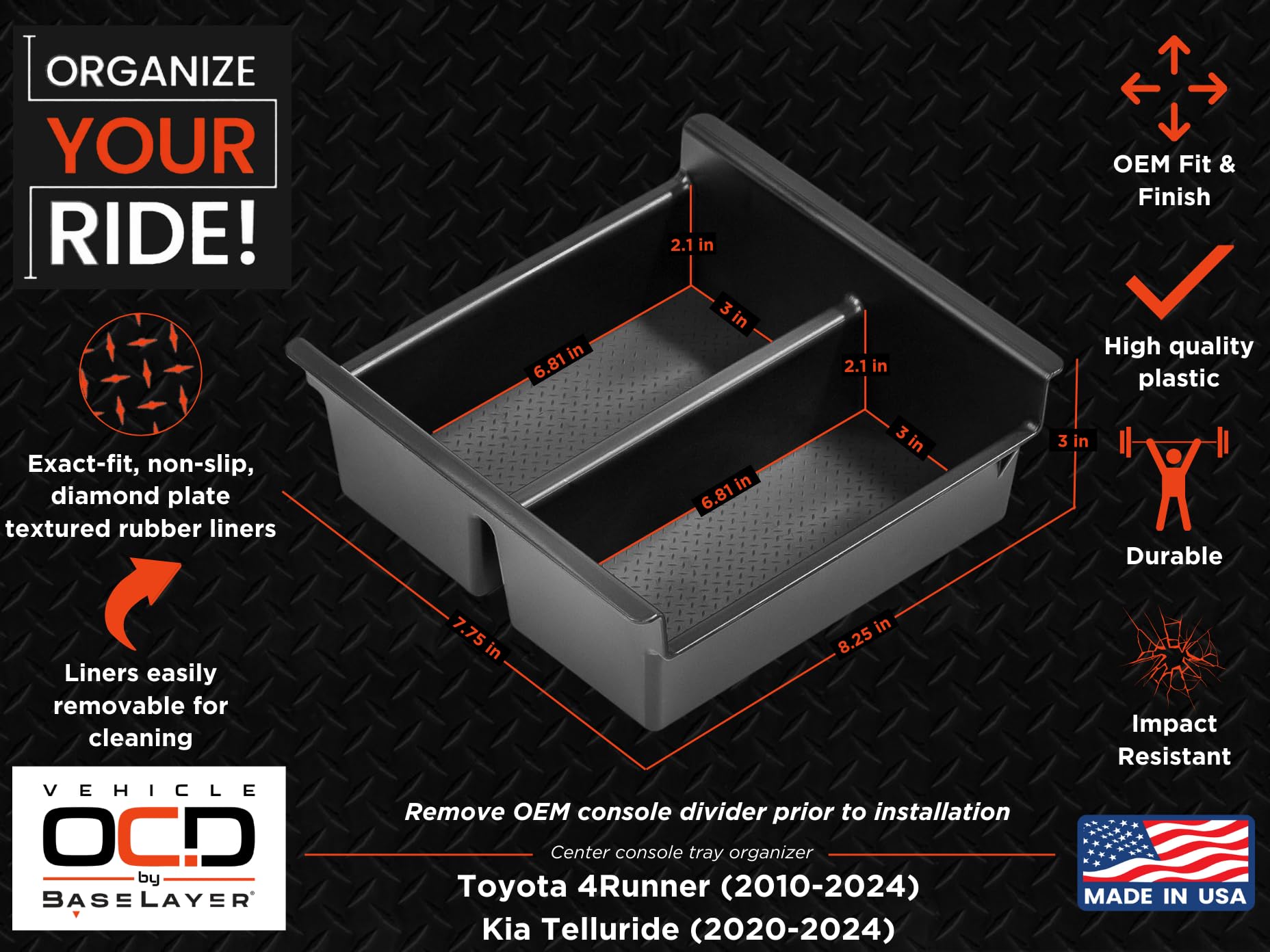 Vehicle Ocd - Center Console Divider, Tray, And Glove Box Organizer For Toyota 4Runner (2010-2024) - Made In Usa - Slx515