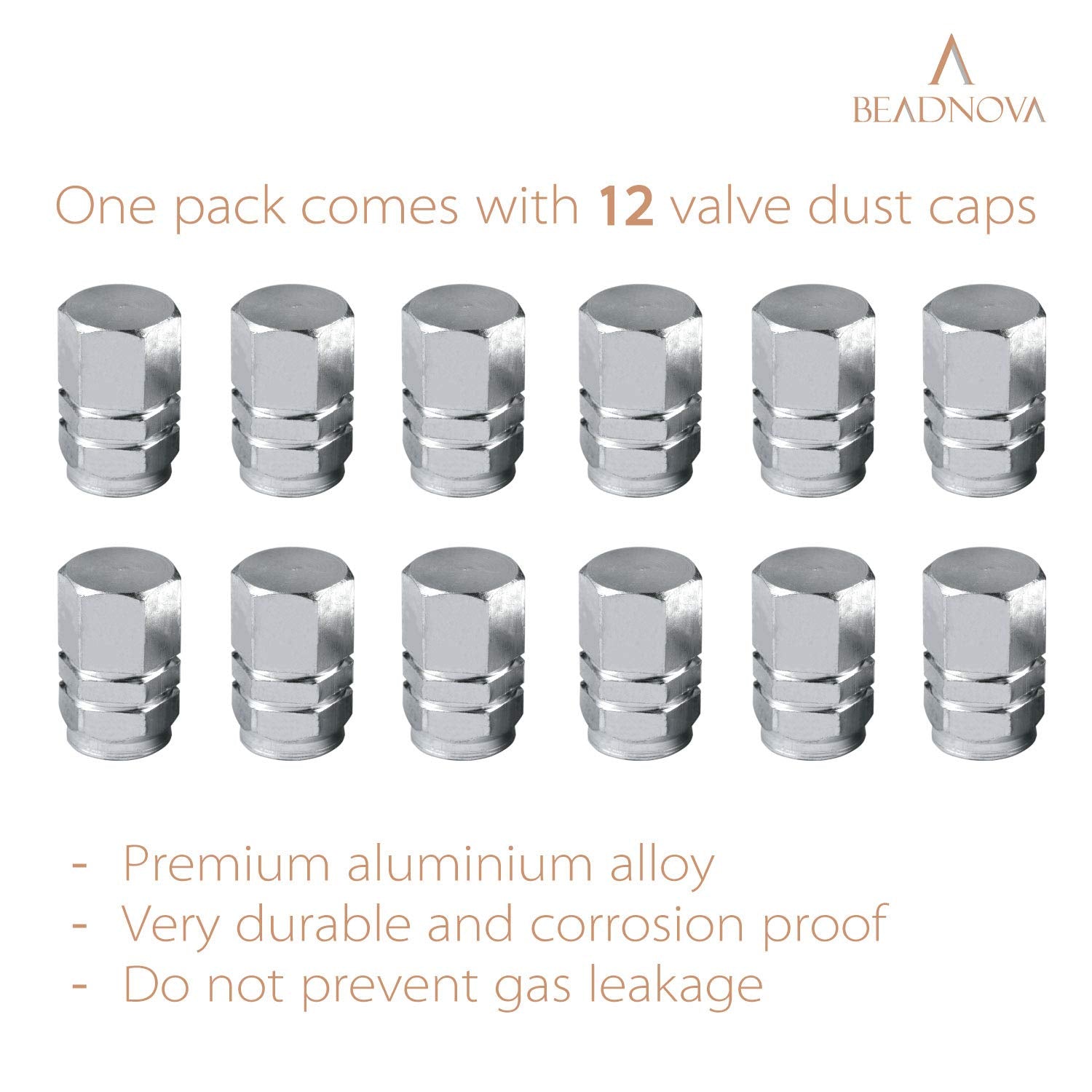 Beadnova Valve Stem Caps Aluminum Chrome Caps For Tires Valve Caps (12Pcs Pack,Silver)