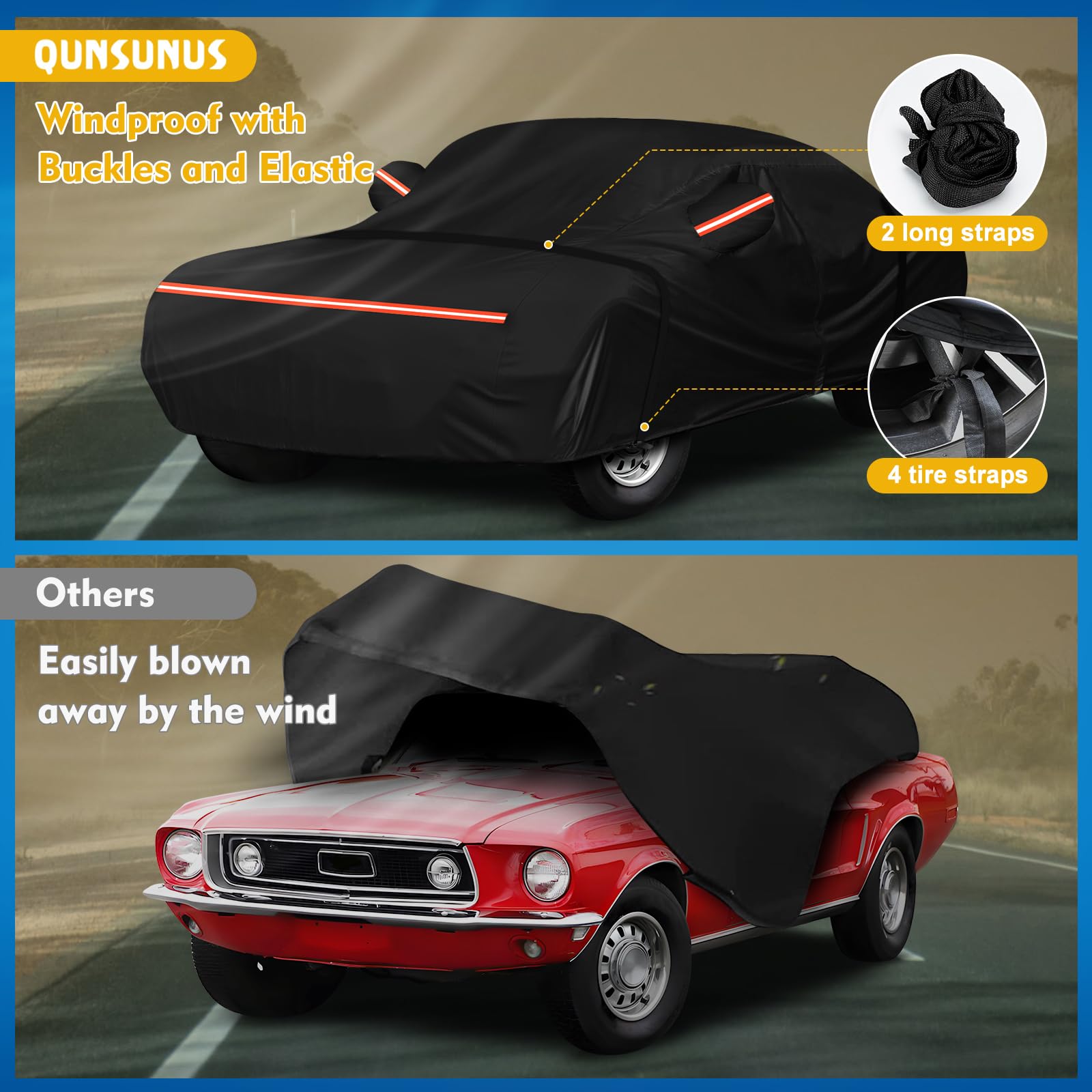 QUNSUNUS 6 Layer Car Cover for Ford Mustang 1964-1968, Waterproof, Windproof, Oxford + Cotton, Model XB484, Hail Protection
