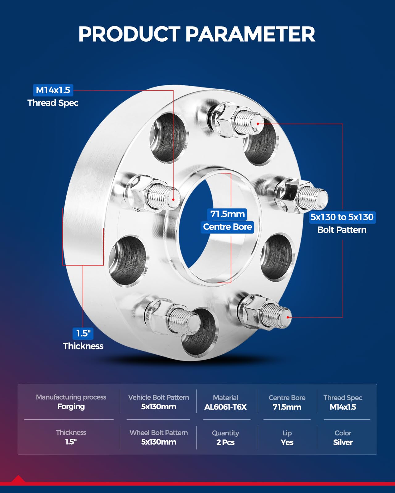 KAX Wheel Spacers 5x130 Hub Centric, 1.5 inch, M14x1.5 Studs, 71.5mm Bore, Silver, Model OO6