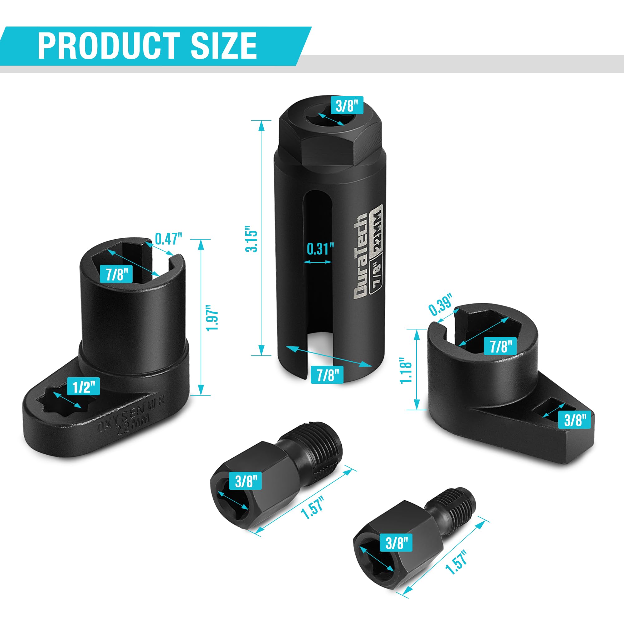 Duratech 5Pcs O2 Oxygen Sensor Socket Thread Chaser Set, 3/8'' 1/2'' Drive X 7/8'' 22Mm Oxygen Sensor Wrench Remover O2 Sensor R