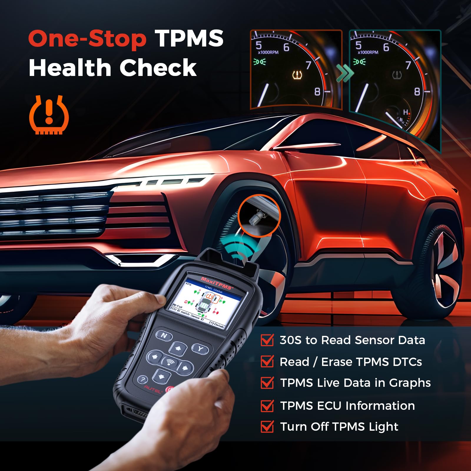 Autel TPMS Relearn Tool MaxiTPMS TS408S, TPMS Reset, Sensor Activation, Program MX-Sensor, Tire Pressure Monitor Sensor Reset To