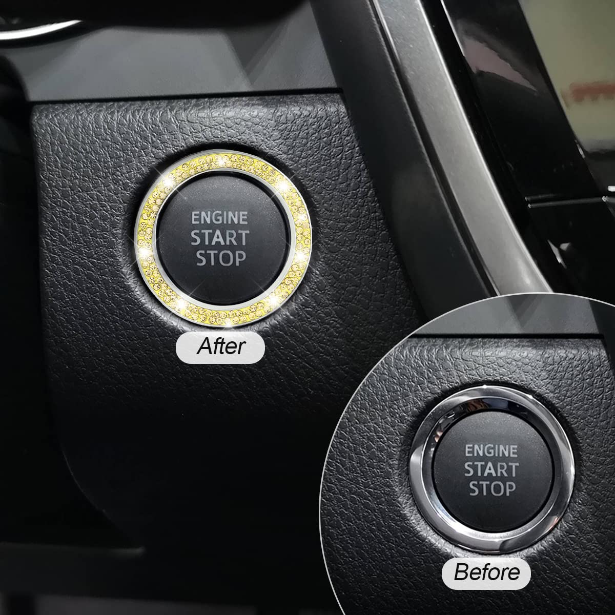 AUKEPO Car Bling Crystal Rhinestone Engine Start Ring Decals, Yellow Push Start Button Cover, Zinc Alloy Interior Accessory, 2 Pack