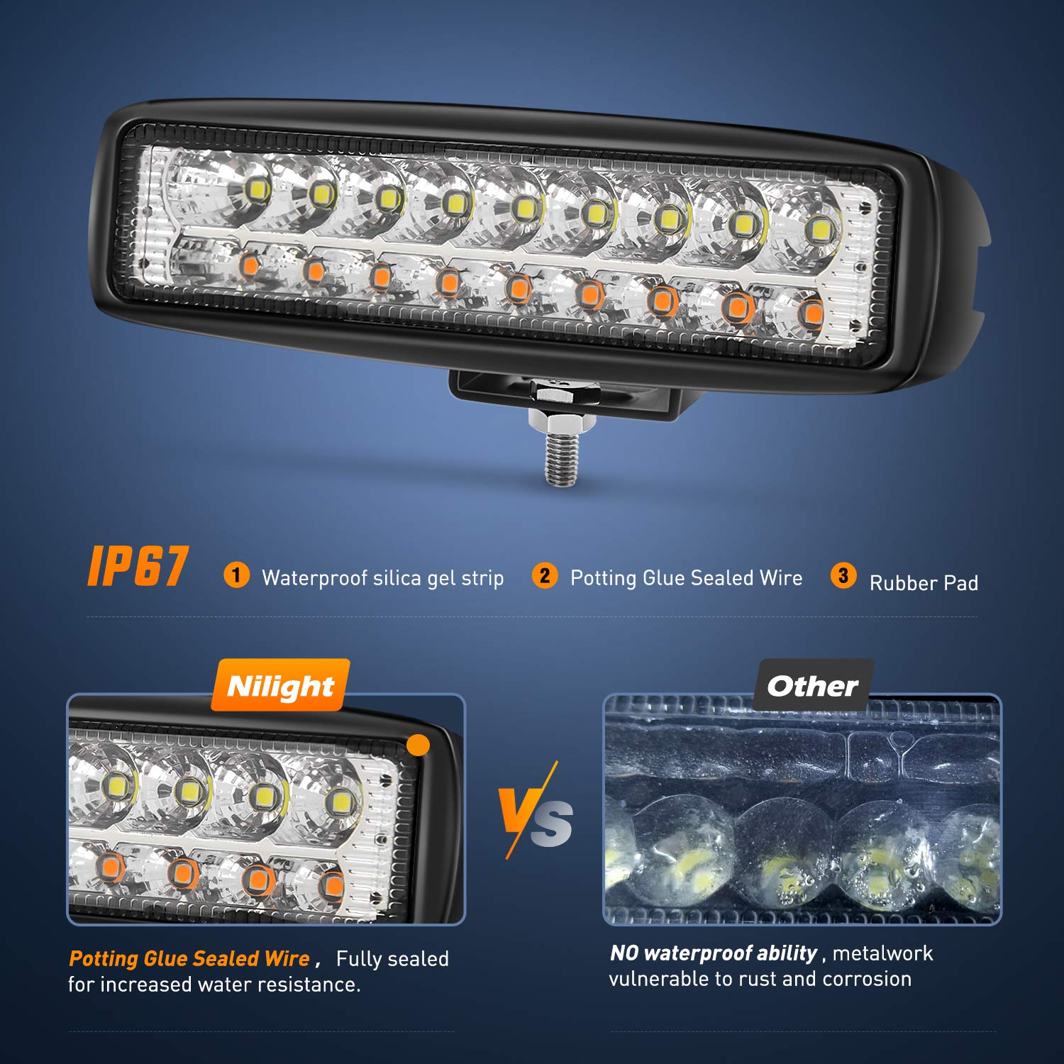 Nilight 15020F-B 54W LED Work Lights Bar - 6 Inch, 2Pcs White/Amber, Aluminum, PMMA Lens, 2 Years Warranty