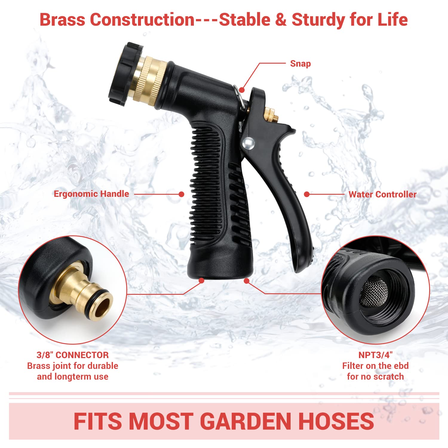 Ohuhu Car Wash Foam Gun With 3/8'' Connector & Mitts, Dual Filtration, 6 Foam Levels, Quick Connect To Garden Hose (Red)