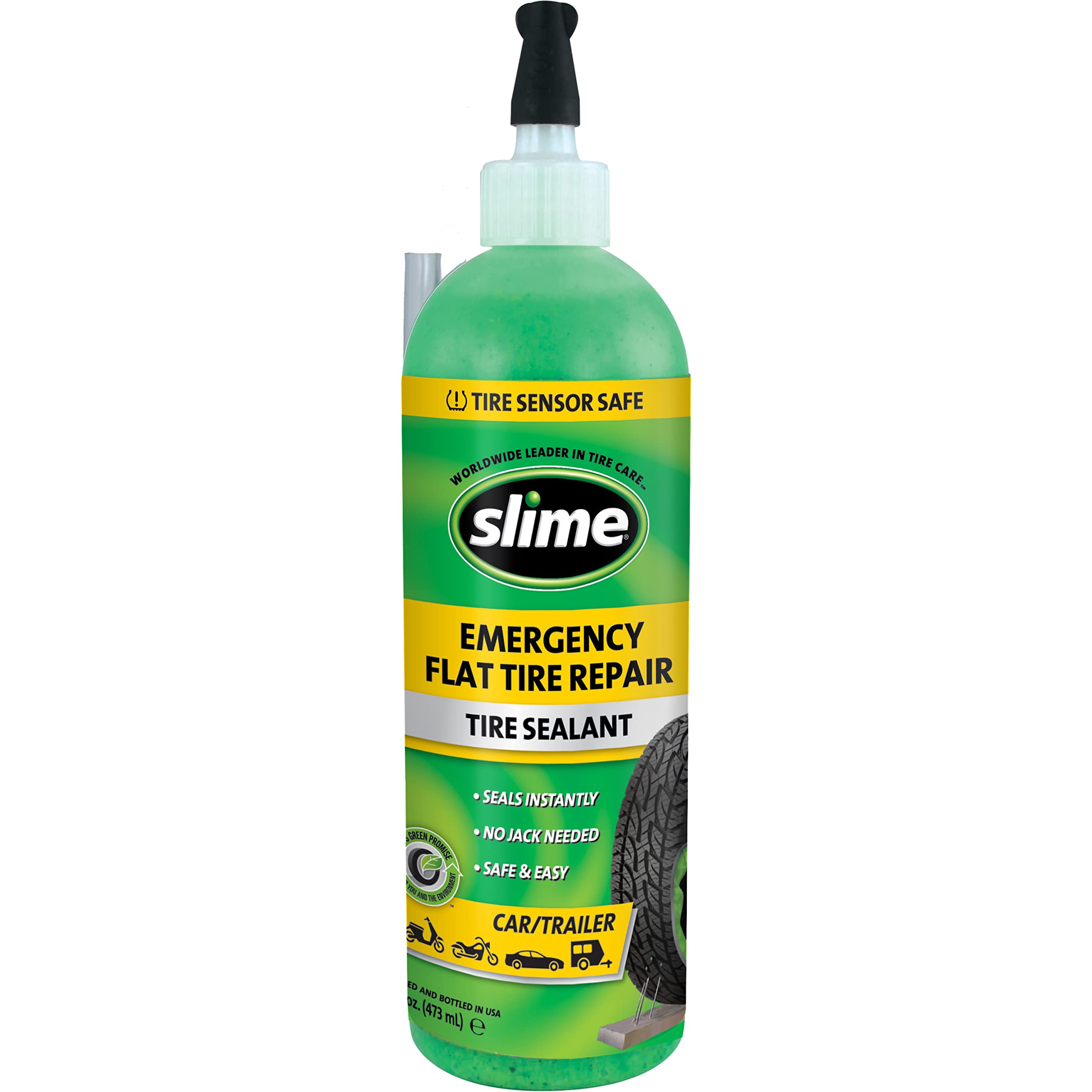 Slime 10011 Flat Tire Puncture Repair Sealant, Emergency Repair for highway vehicles, suitable for Cars/Trailers, Non-toxic, eco