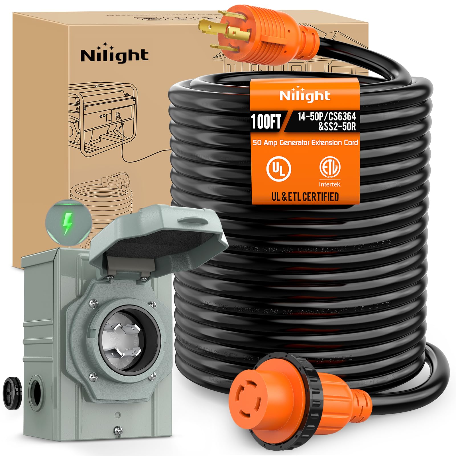Nilight 30A 100Ft Generator Extension Cord Power Inlet Box With Locking Connector 125/250V 7500W 10 Gauge Stw Etl Listed 4 Prong