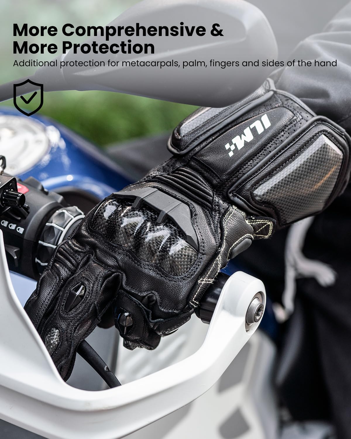 ILM Motorcycle Gloves for Men and Women, Leather, Large, Black-Long, Model GRC01L-B-L