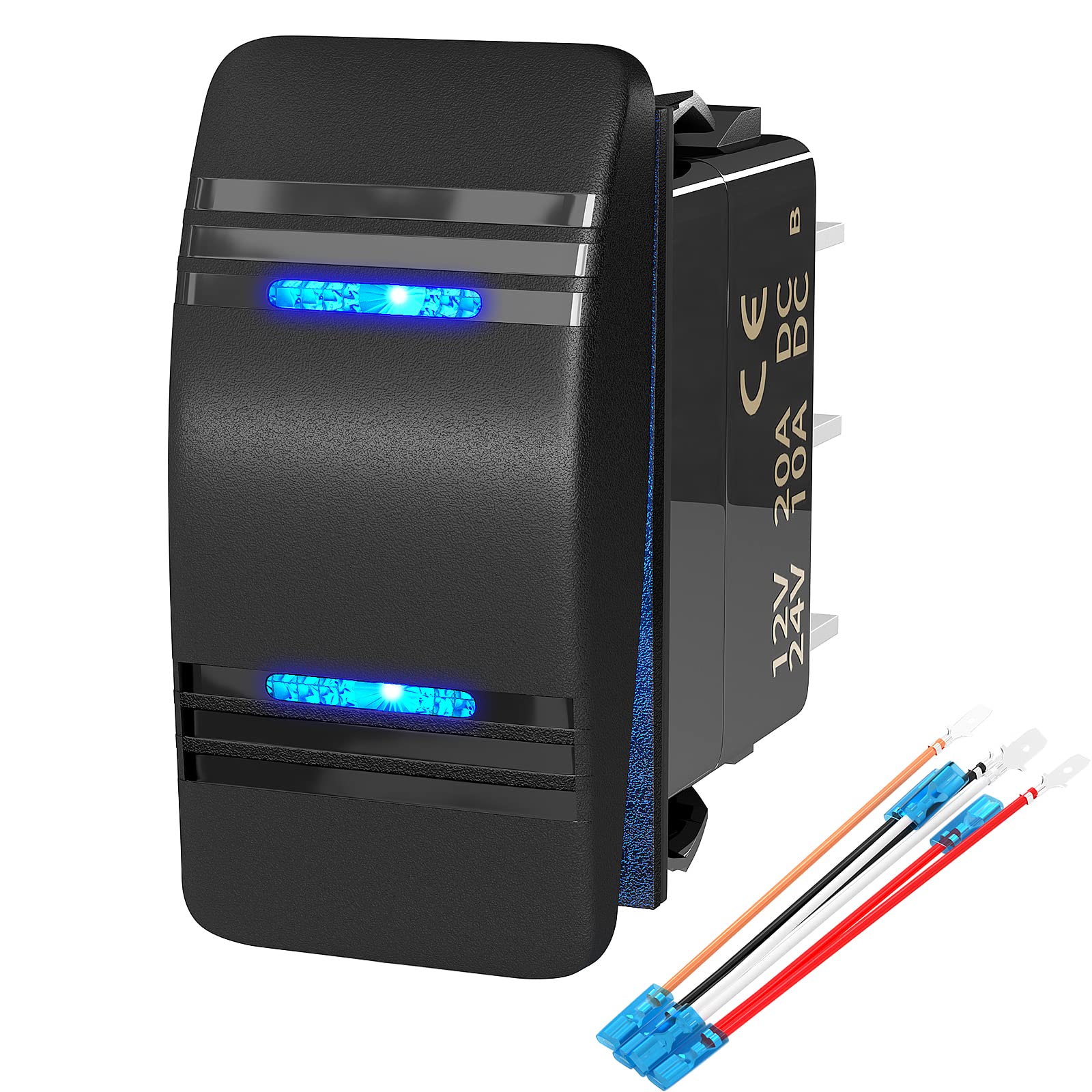 Joinfworld Marine Rocker Switch 12V 20A 3 Position ON Off ON DPDT 7 Pin 3 Way Rocker Switch Toggle Waterproof Blue LED Light wit