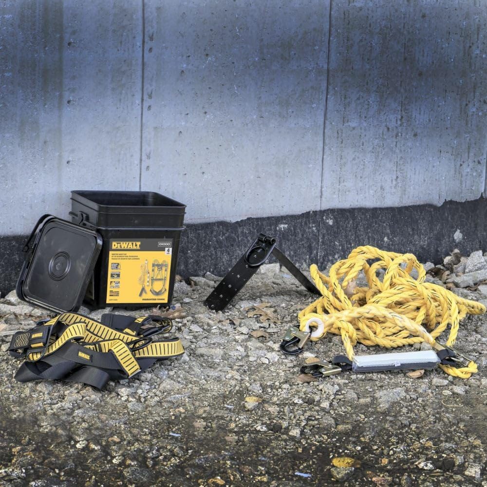 DEWALT Rooftop Safety Kit, D1000 Harness, 50' Lifeline, Reusable Anchor, Black/Yellow, One Size, Model DXFP120050