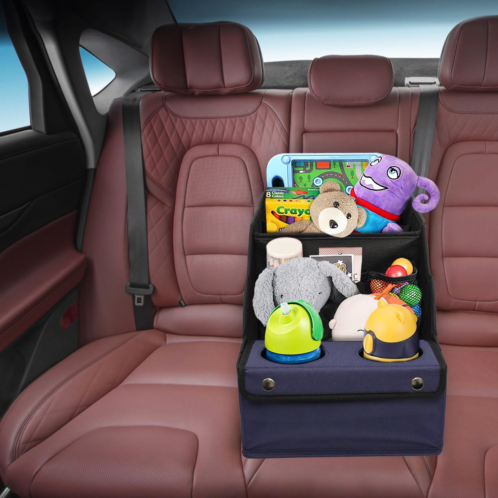 MULISOFT Car Seat Organizer - L-Shape, Polyester, Blue, 11 Storage Compartments & 2 Cup Holders, Model YXTO0001