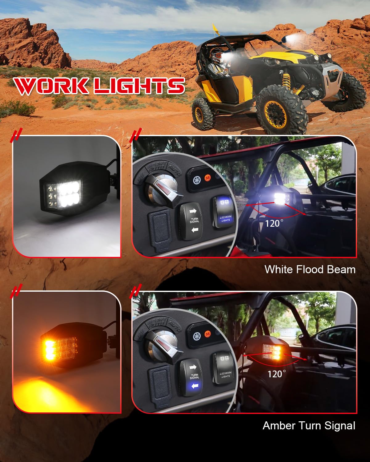 BraveWAY Side View Mirrors with Turn Signal & Work Lights for ATV/UTV, 1.75"-2", White+Amber(C-Bracket)