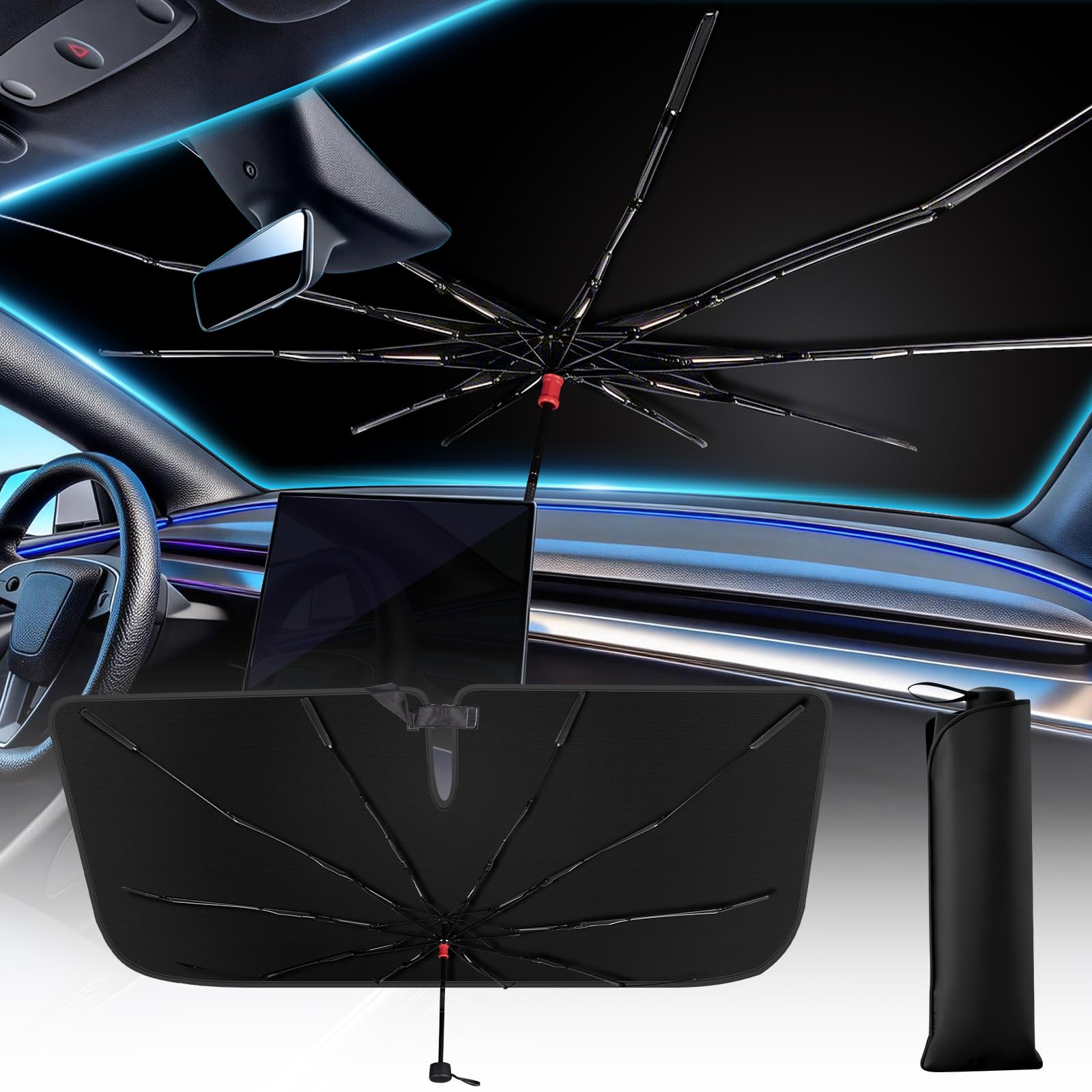 Windshield Sun Shade Umbrella, Foldable Car Sunshade for Front Windshield, UV Block & Heat Reduction Sunshade, Durable Reinforce