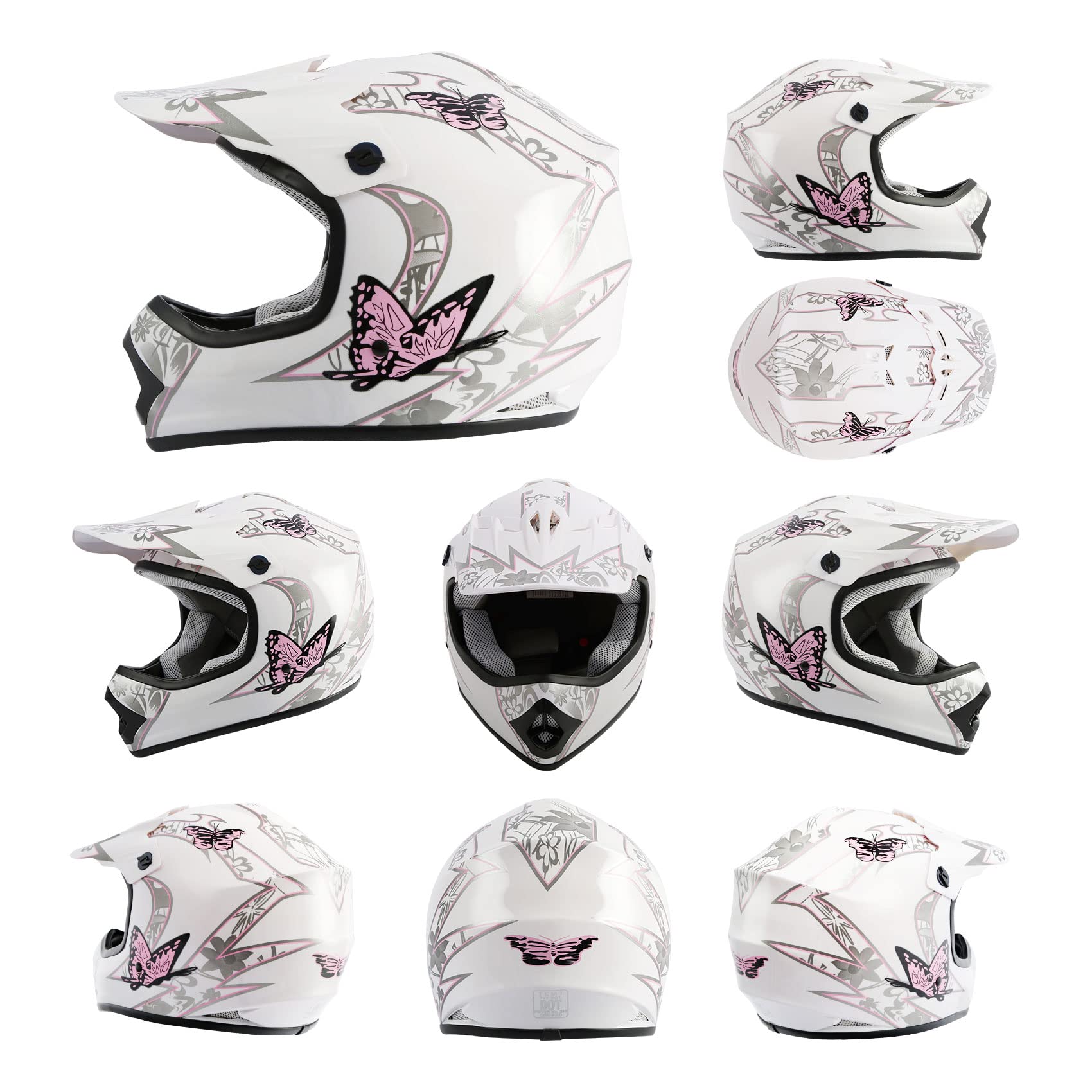 TCMT Youth Motocross Helmet - Pink Butterfly, Large Size, ABS Material, Includes Goggles & Gloves
