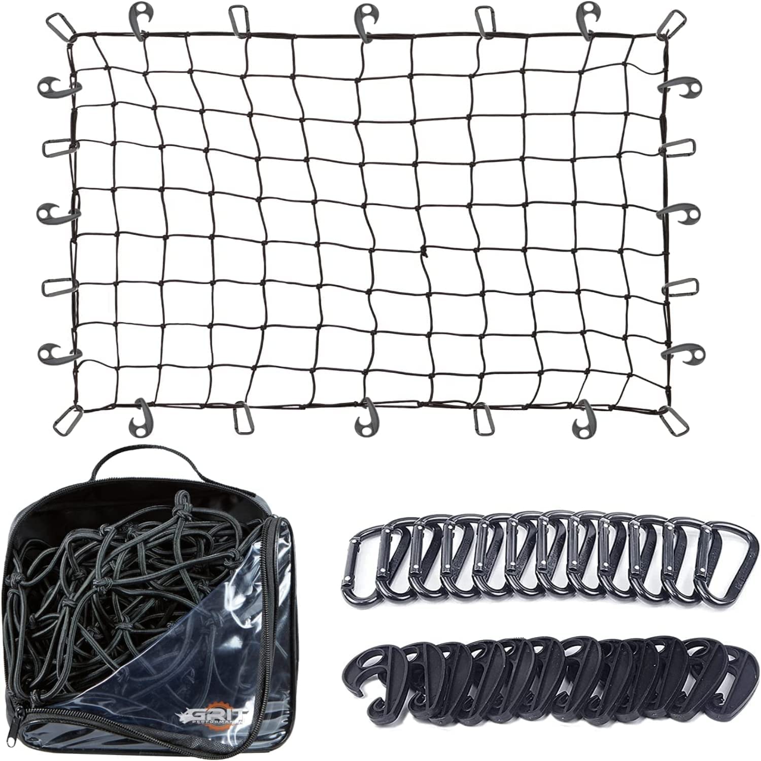 Grit Performance Cargo Net For Suv - 3 X 4 Foot, Heavy-Duty, Mesh Square Bungee Netting With 12 Hooks, 12 Black Clips And Storag