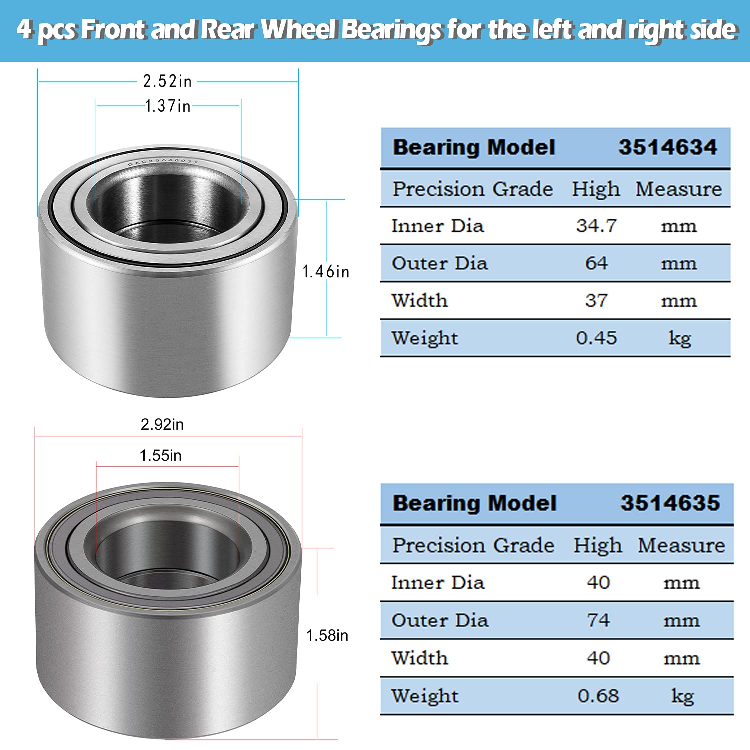 4 Pcs Front and Rear Wheel Bearings for Polaris Sportsman 400 450 500 600 700 X2 HO EPS 4X4 Replace 3514634 3514635