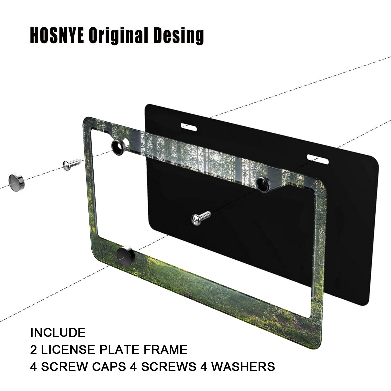 HOSNYE Dark Forest License Plate Frame Black 2 Pcs Karelia Forest Trees Metal Cute Licenses Plates Frames Licenses Plate Covers