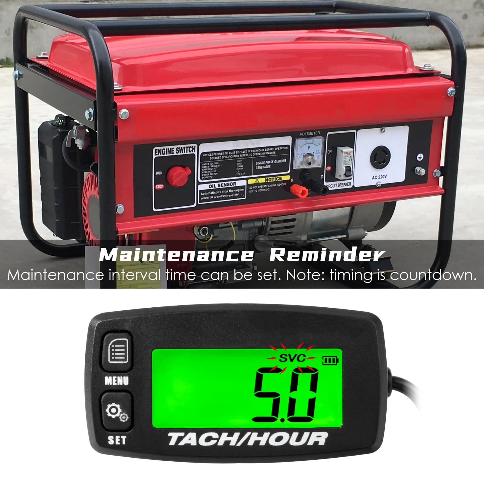 NInE-ROnG Self Powered Digital Tachometer Hour Meter,Inductive Maintenance Waterproof Backlit Shutdown Tach/Hour Meter,Battery R