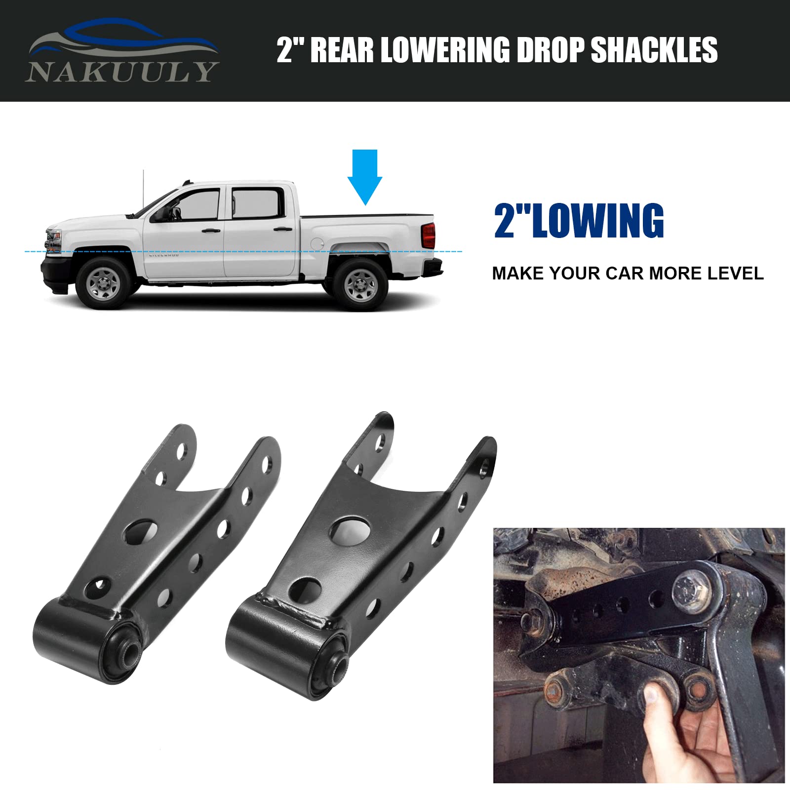 Nakuuly 2" Rear Drop Lowering Shackle Suspension Kit 6400 for Chevy Silverado, GMC Sierra, Dodge Ram - Alloy Steel, Compatible with Models 1500, C1500,