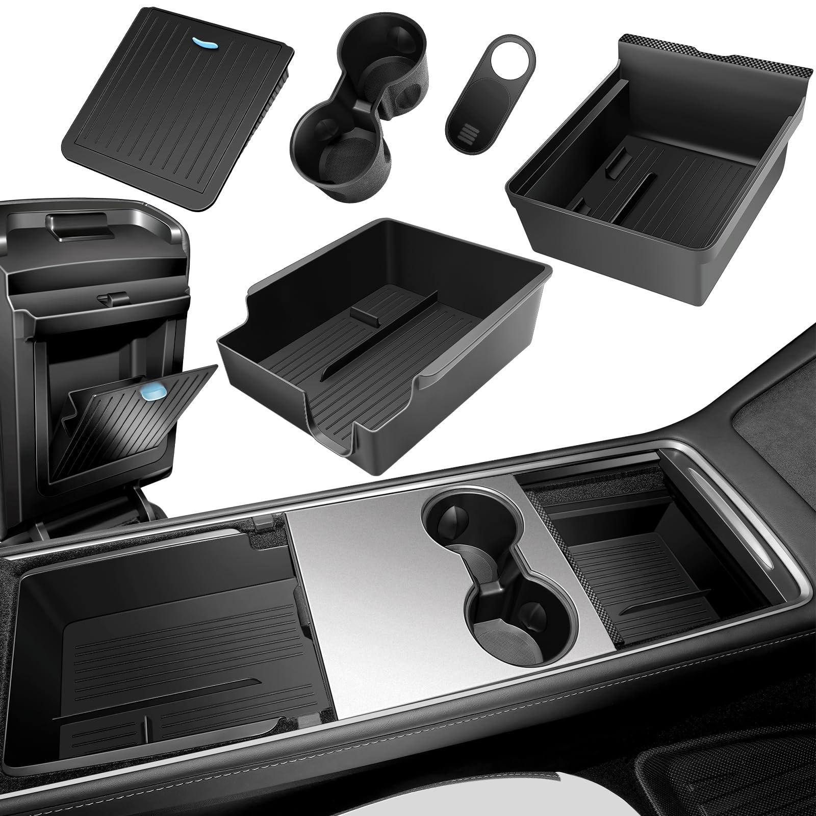 XINTUO 5Pcs Center Console Organizer Tray Compatible for Tesla Model 3 Model Y Accessories 2024 2023-2021 Armrest Hidden Drawer 