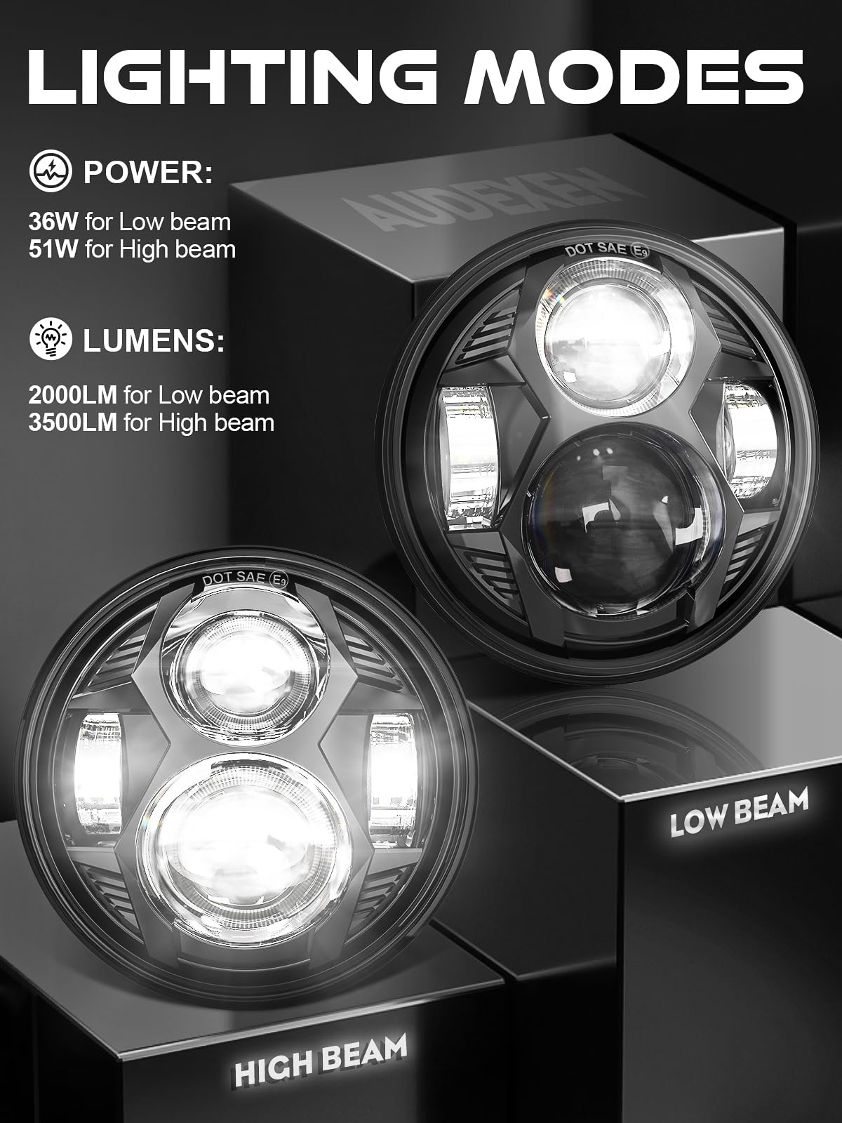 AUDEXEN 5.75" Round LED Headlight, 51W, Die-Cast Aluminum, Black, Model HZZ575, Compatible with Harley Dyna/Sportster/Softail