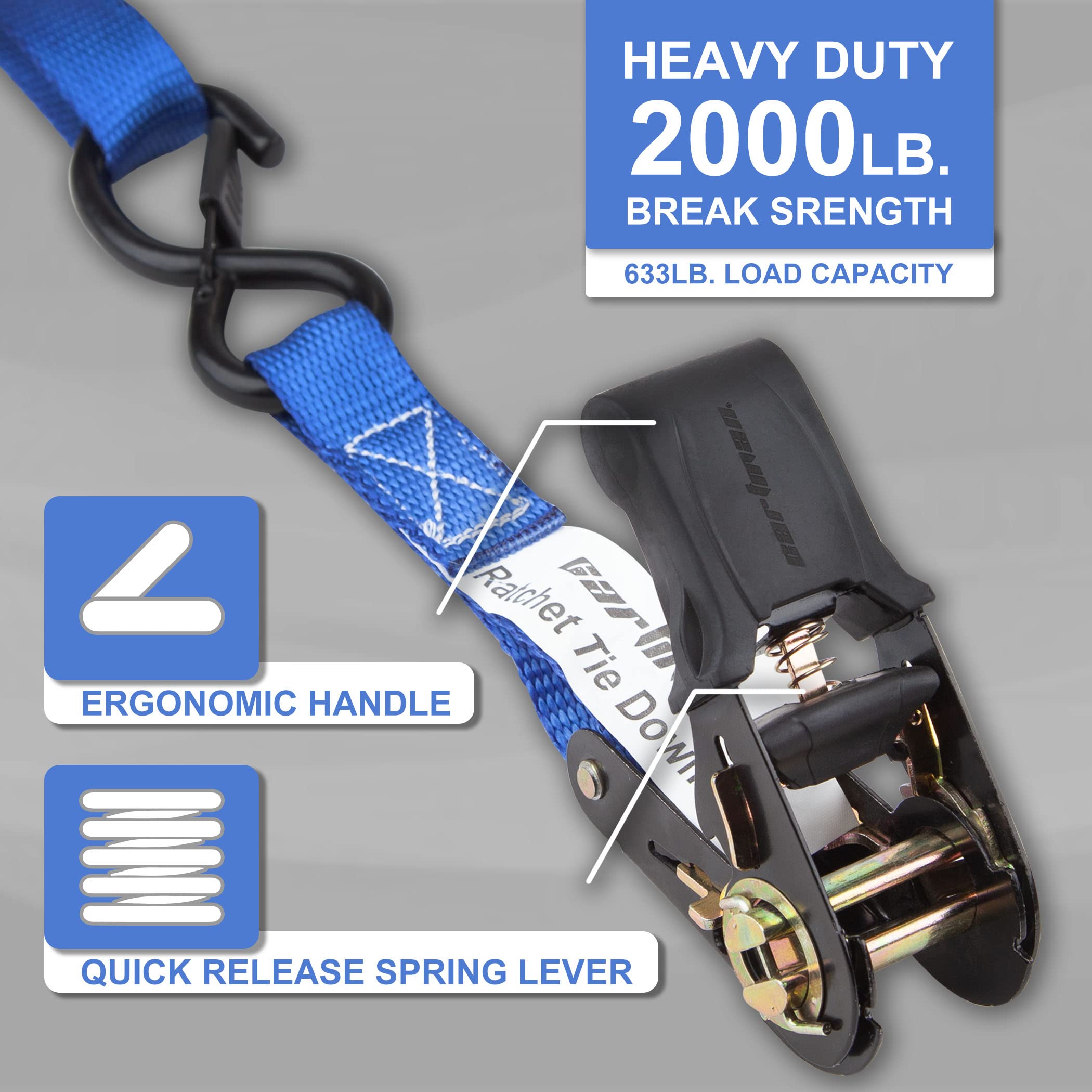 Cartman Ratchet Tie Down Straps 4Pk 2,000Lb Max Break Strength With Premium 1'' X 15' Rachet Tie Downs With Padded Handles, 4Pk