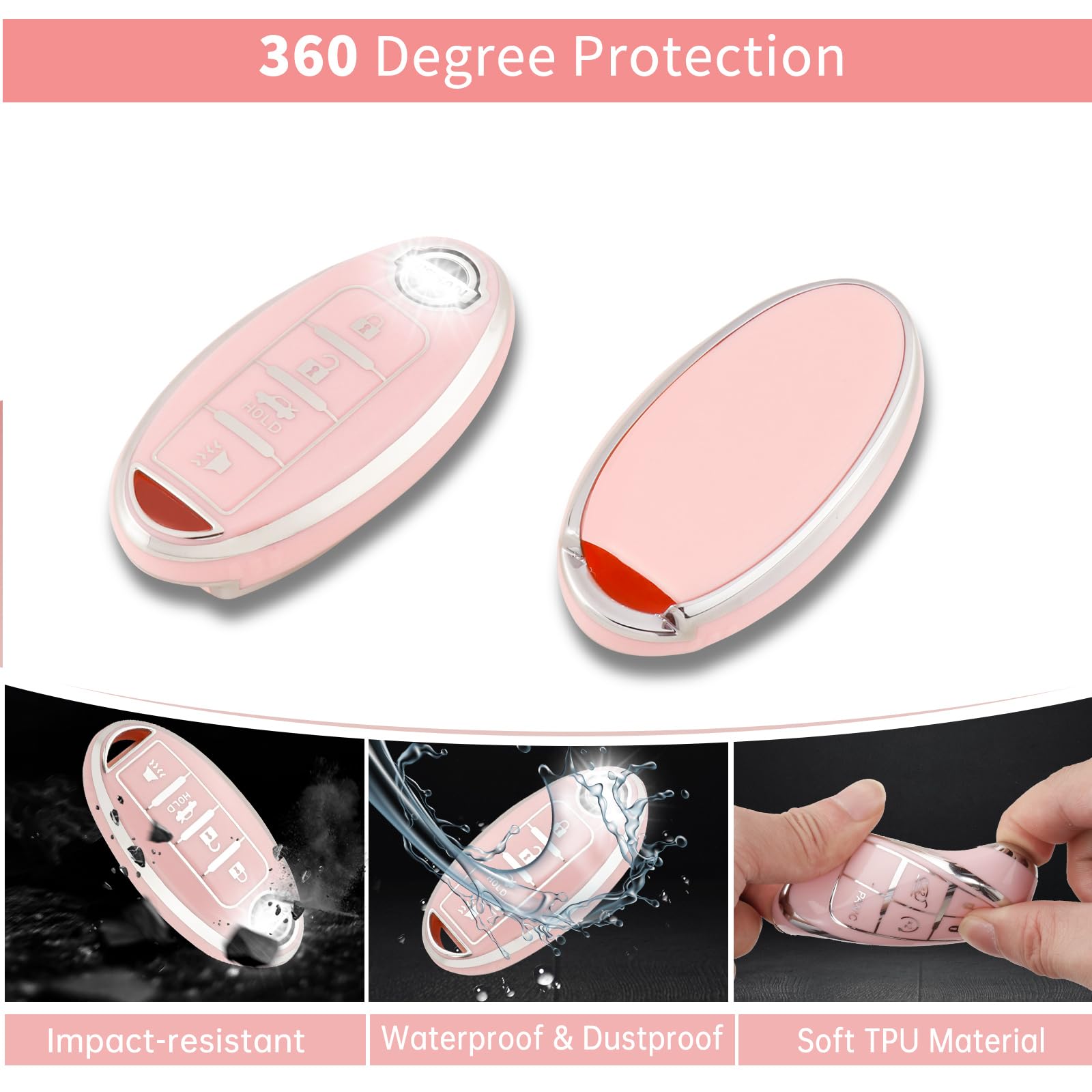 Pangpai Pink Nissan Key Fob Cover Set - 3 Pcs for 4 Buttons, Cute Bling Keychain, Fits Nissan A-4