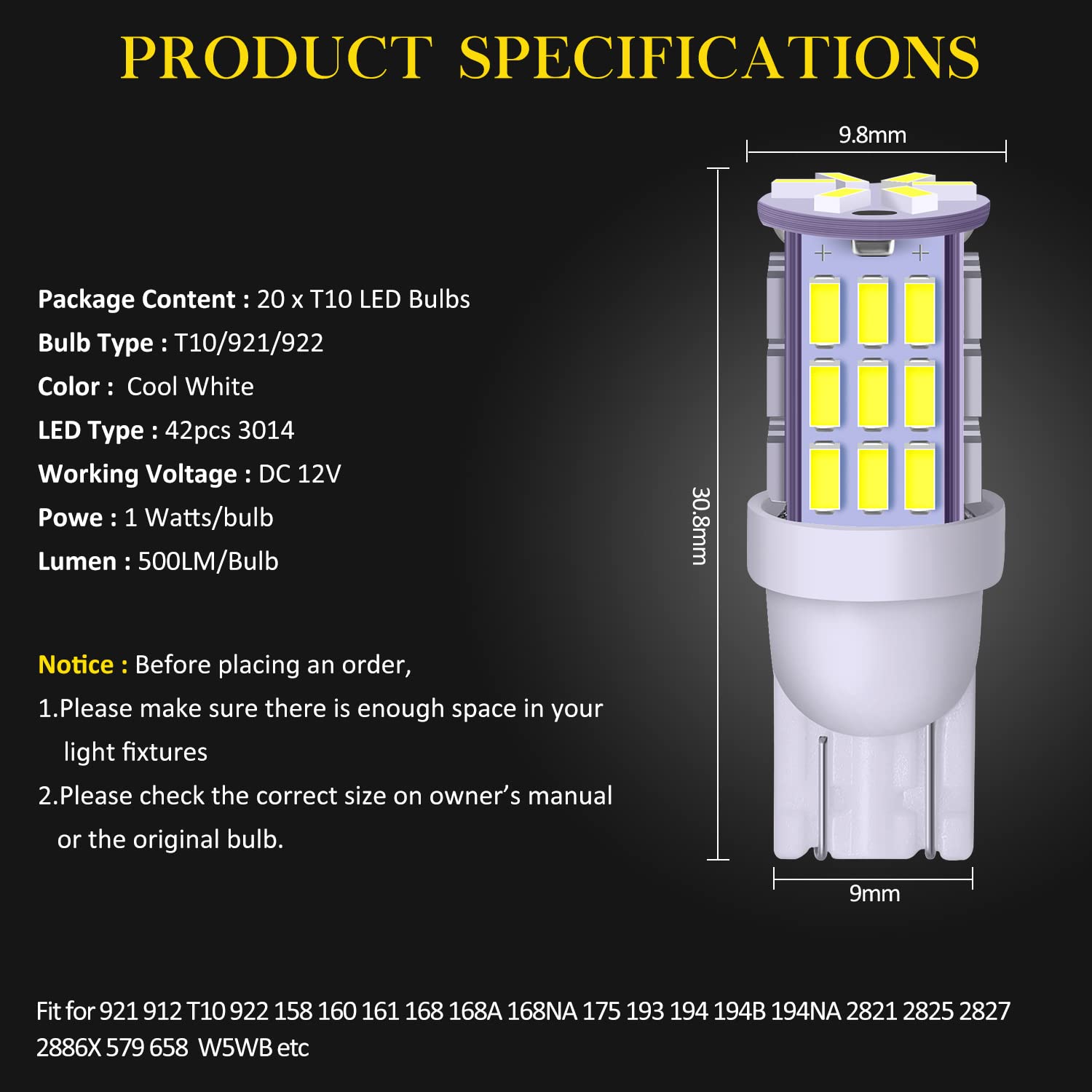 AOICANKI T10 LED Bulbs 20-Pack, Super Bright 3014 42-SMD, Cool White, 12V for RV, Trailer, Boat, Dome, Map, License