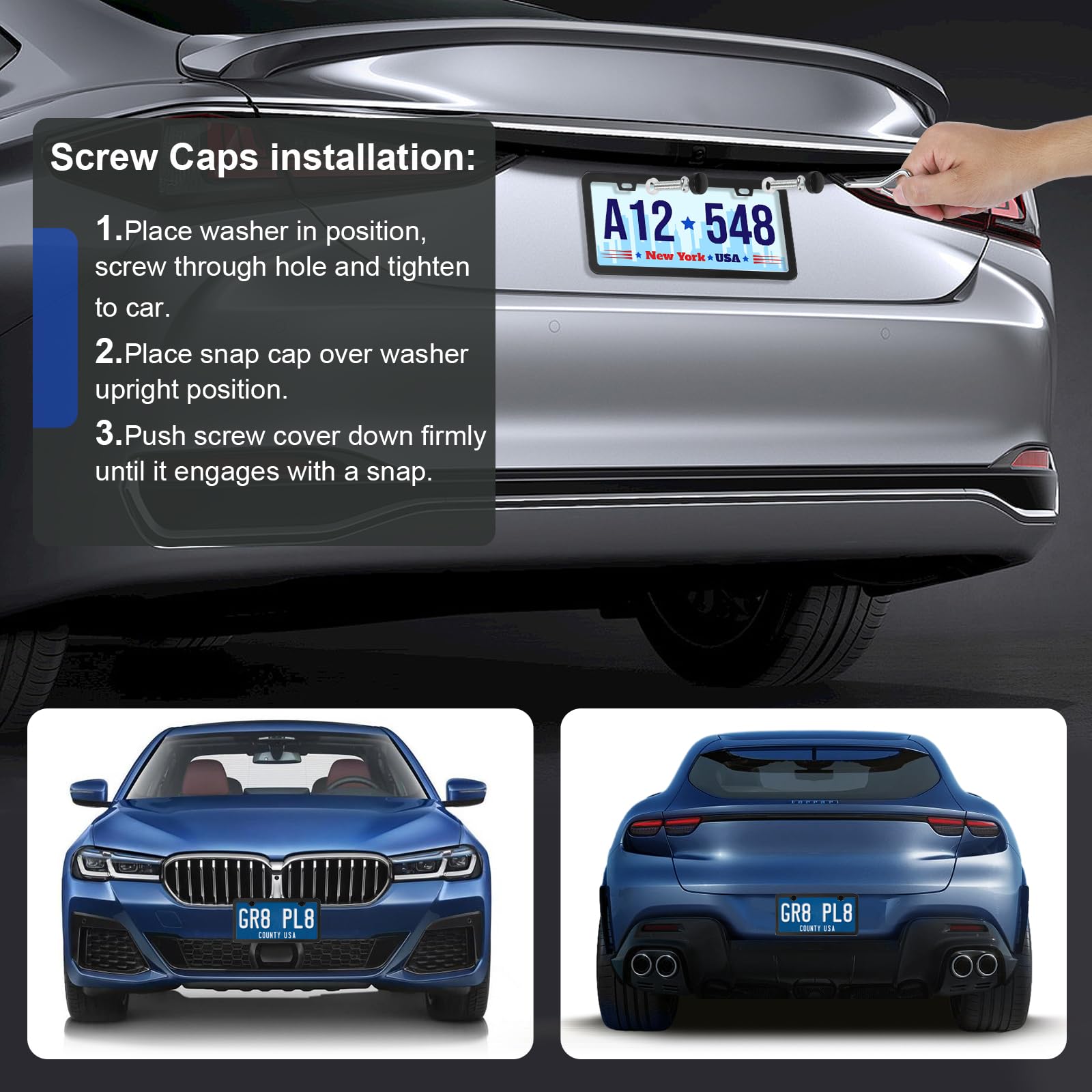 Quanqiufei 2 Pack Black License Plate Frames, Stainless Steel License Plate Cover, Matte License Plate Holder Car Accessories Wi
