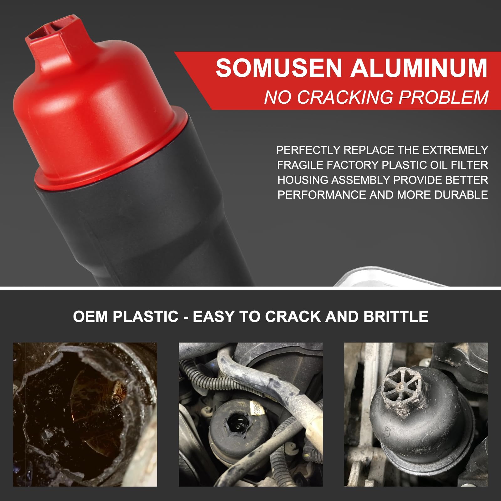 Somusen Aluminum Engine Oil Cooler Filter Housing with Sensors, Gaskets, Compatible with 2011-2016 Chrysler/Dodge Models, Red Cap