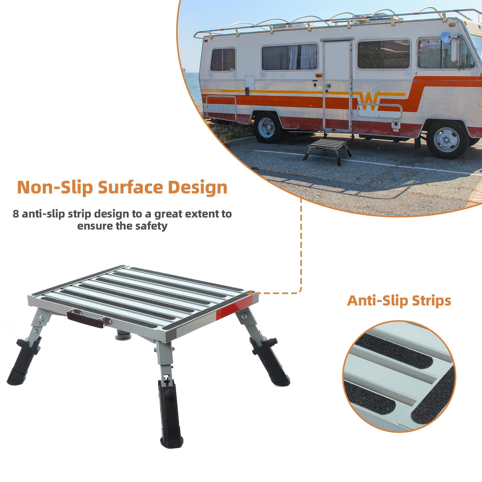 Homeon Wheels RV Step Stool - 19" x 14.5", 1,500lbs Adjustable Aluminum, Non-Slip Rubber Feet, Reflective Stripe, Model SP-800