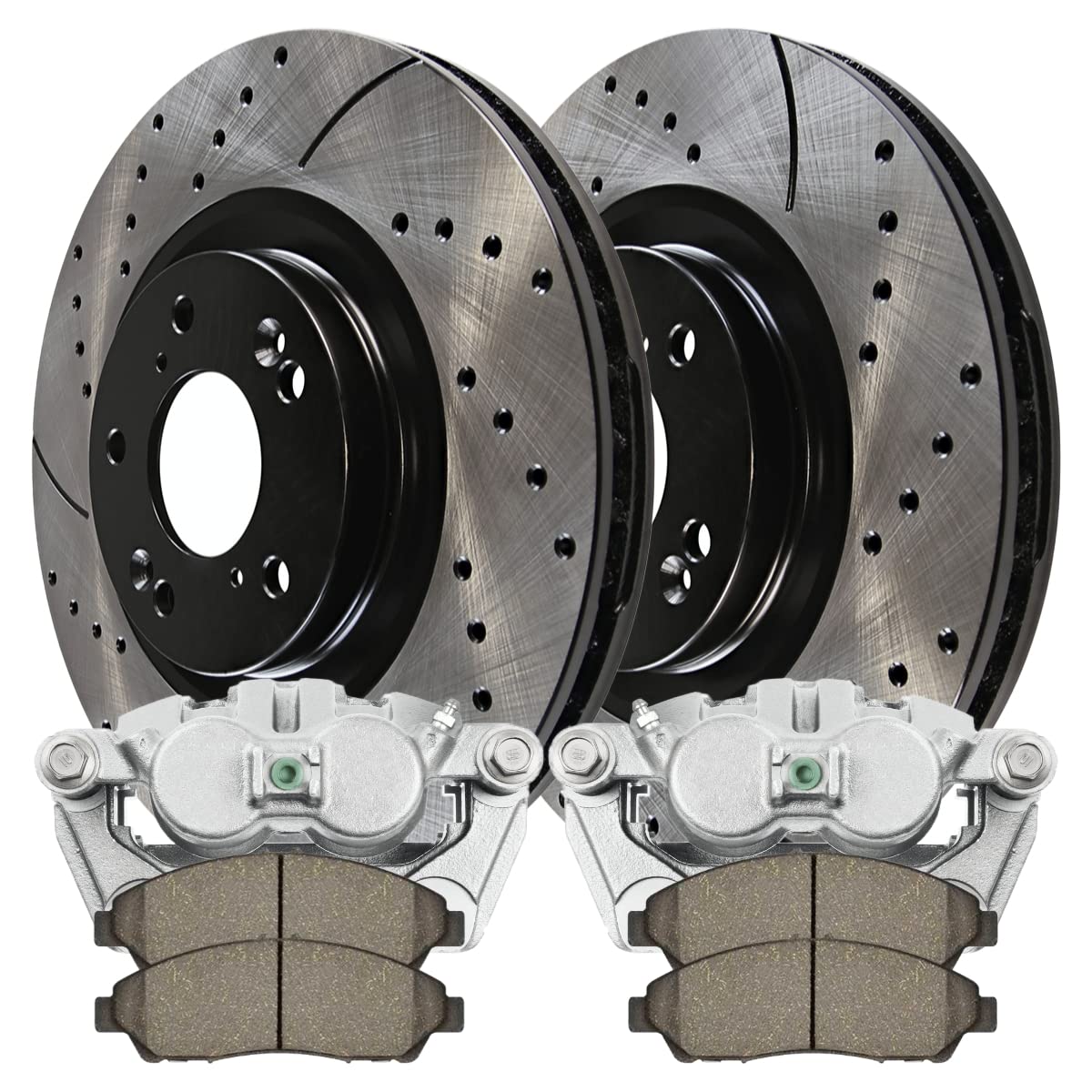 Autoshack Front Drilled And Slotted Brake Rotors Calipers And Ceramic Pads Kit Set Driver And Passenger Side Replacement For 2009 2010 2011 2012 2013 2014 2015 Honda Pilot 3.5L V6 Awd Fwd Bcpkg0673
