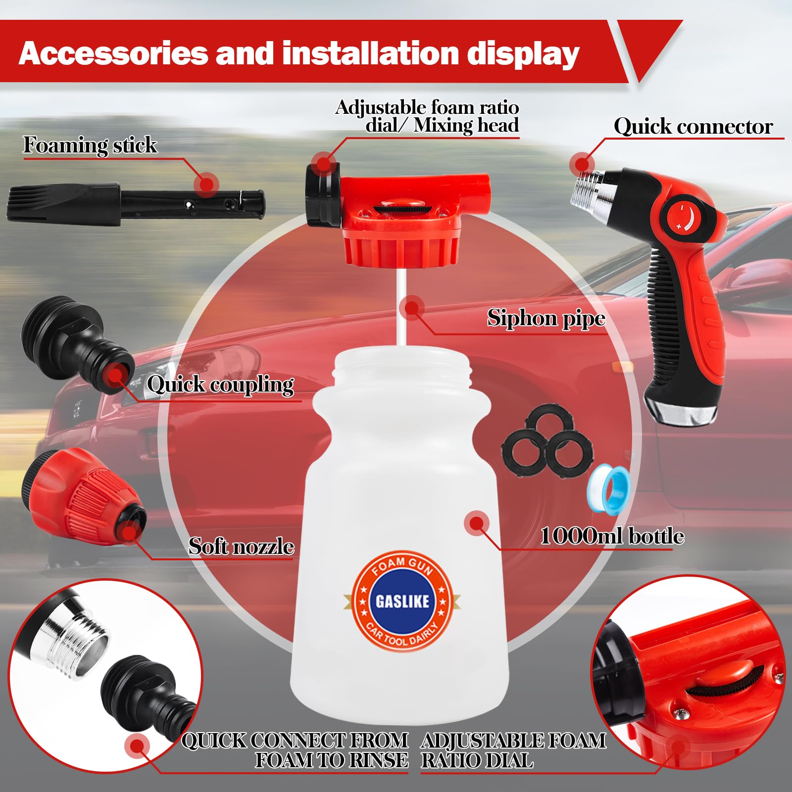 GASLIKE 56Pcs Car Wash Cleaning Kit with Foam Gun & Long Handle Brush - Complete Car Detailing Supplies