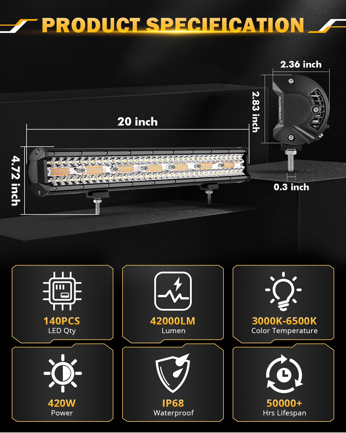 Auxbeam 20 Inch 420W Led Light Bar, 6 Modes Strobe Amber Pod Lights Yellow Fog Light Dual Color Spot Flood Offroad Driving Light