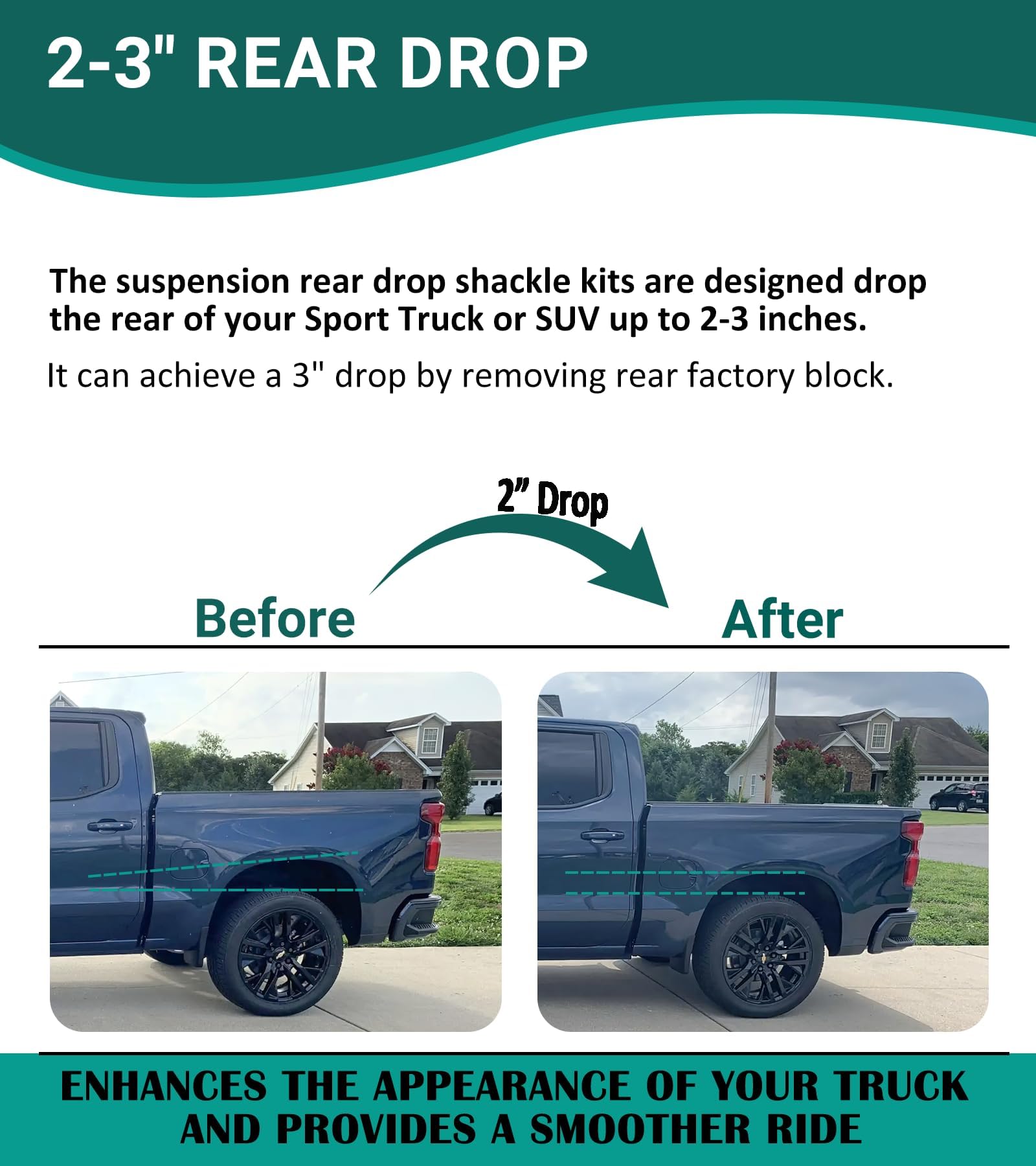 Camoo Suspension Rear Drop Shackles Kit for Chevy Silverado & GMC Sierra 1500, Alloy Steel, Model BZ41445A, 2-3" Lowering