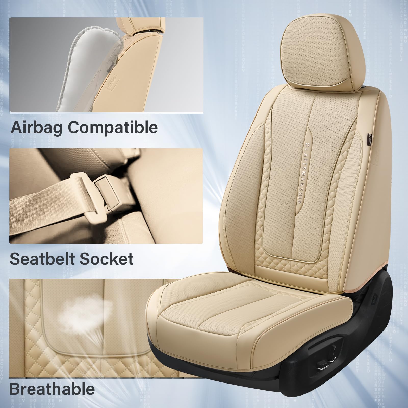 Coverado Car Seat Cover Front Seat, Beige Seat Covers Front Seats, Nappa Leather Waterproof, Car Seat Cushion, Car Seat Protecto
