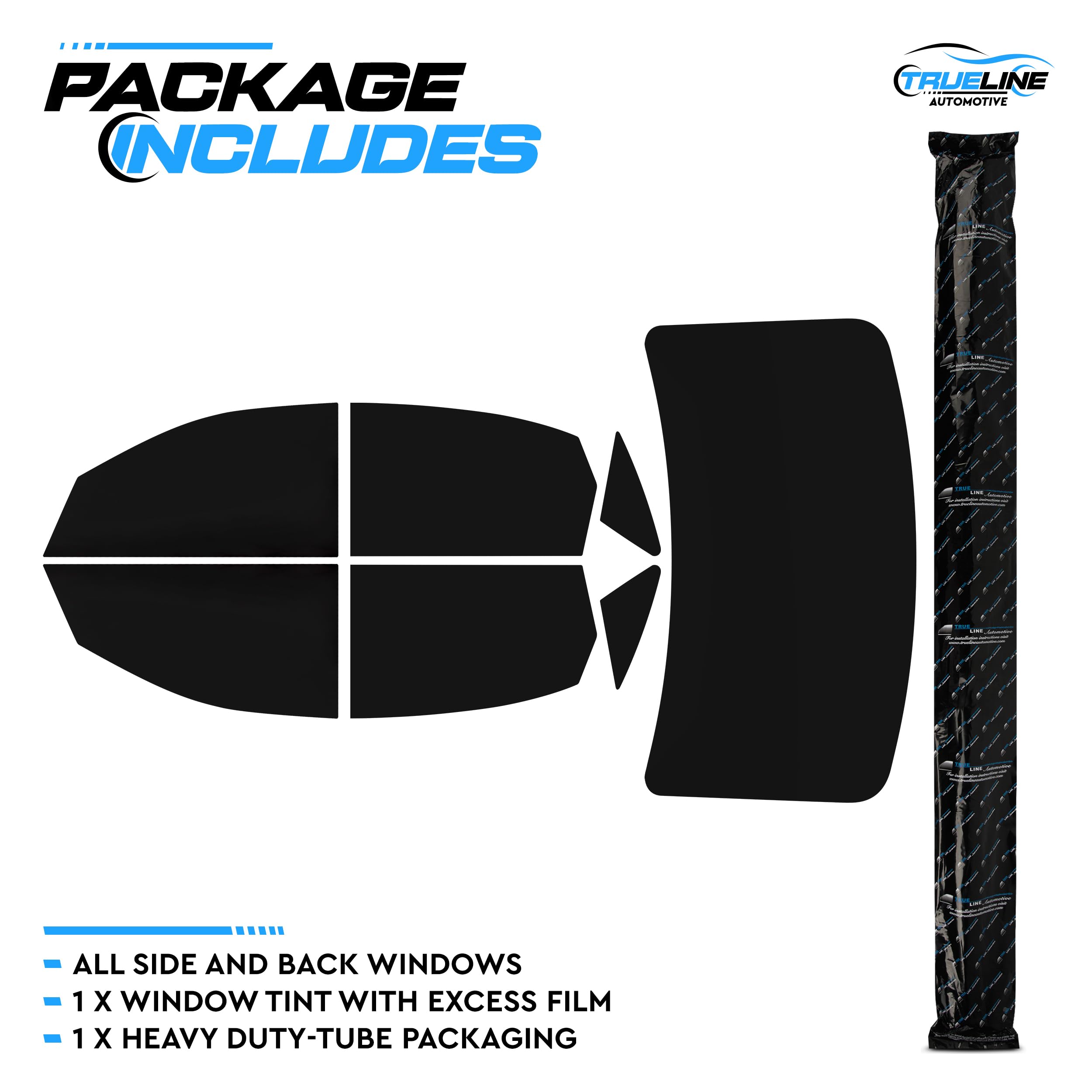 TRUE LINE Automotive DIY Car Window Tinting Kit - Custom Shades 5%-50% - Precut Black Tint Blocks 99% UV Rays for All Windows