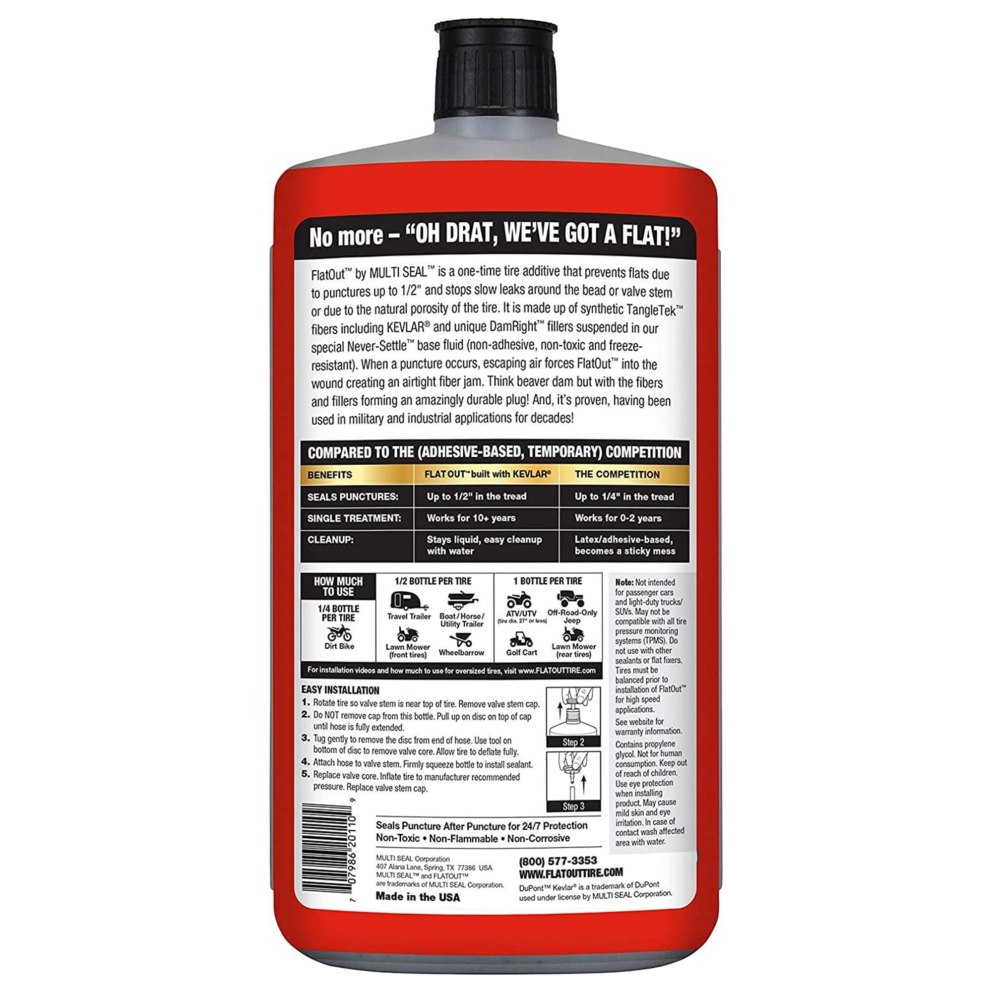FlatOut Tire Sealant Sportsman Formula - 32-Ounce Bottle, Prevents Flat Tires, Seals Leaks, Contains Kevlar, 1-Pack