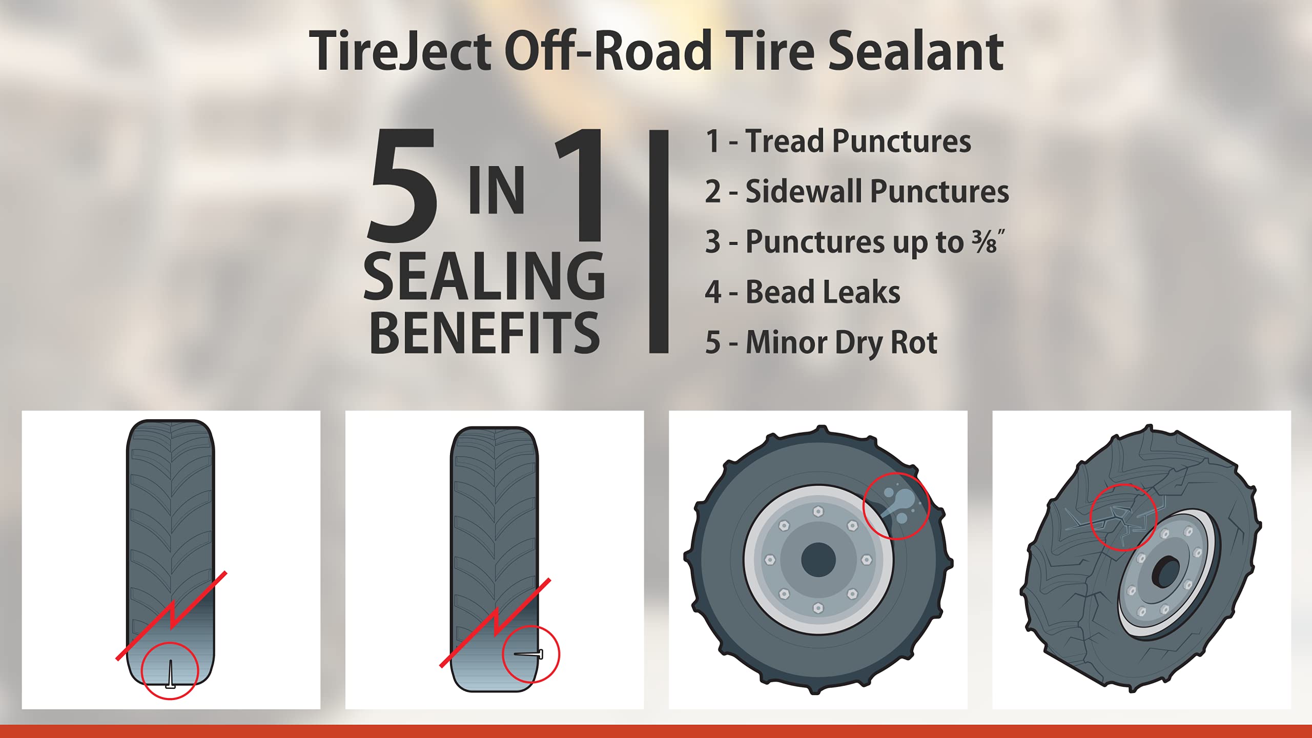 TireJect Lawn Mower Tire Sealant Kit - 5-in-1 Flat Tire Repair, 30oz, Red, Model WONSUN01