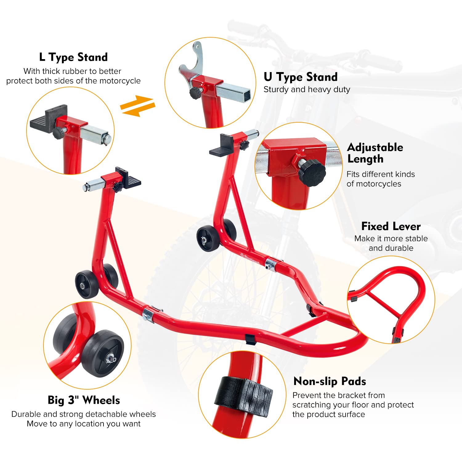 Donext Motorcycle Stand 850Lb Sport Bike Rear Wheel Lift Swingarm Paddock Stands Red, U+L