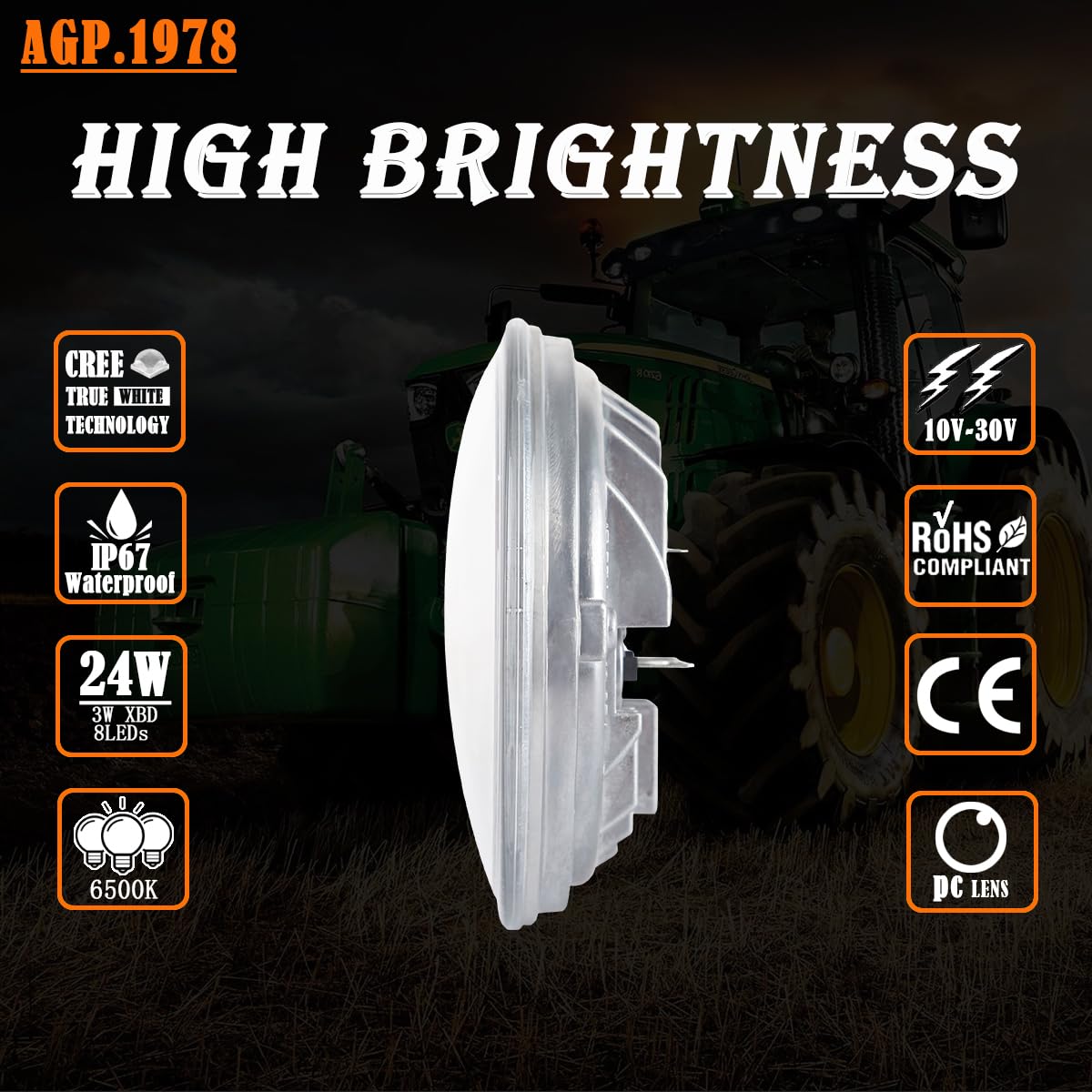 AGP.1978 24W LED Work Light Bulb - Aluminum, Silver - Compatible with John Deere Tractors RE25126, AR48723, AR85263, AR93335