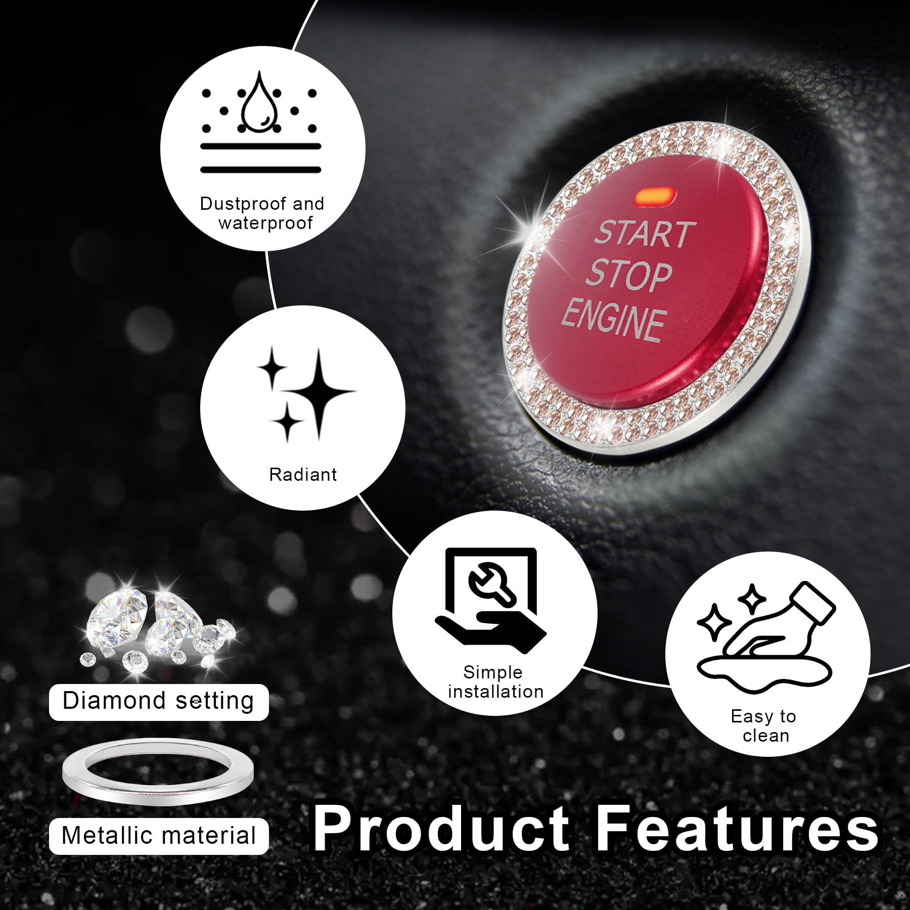 Livtee Car Engine Start Stop Decoration Ring, Crystal Double Rhinestone, Bling Car Interior Accessories For Women, Key Ignition