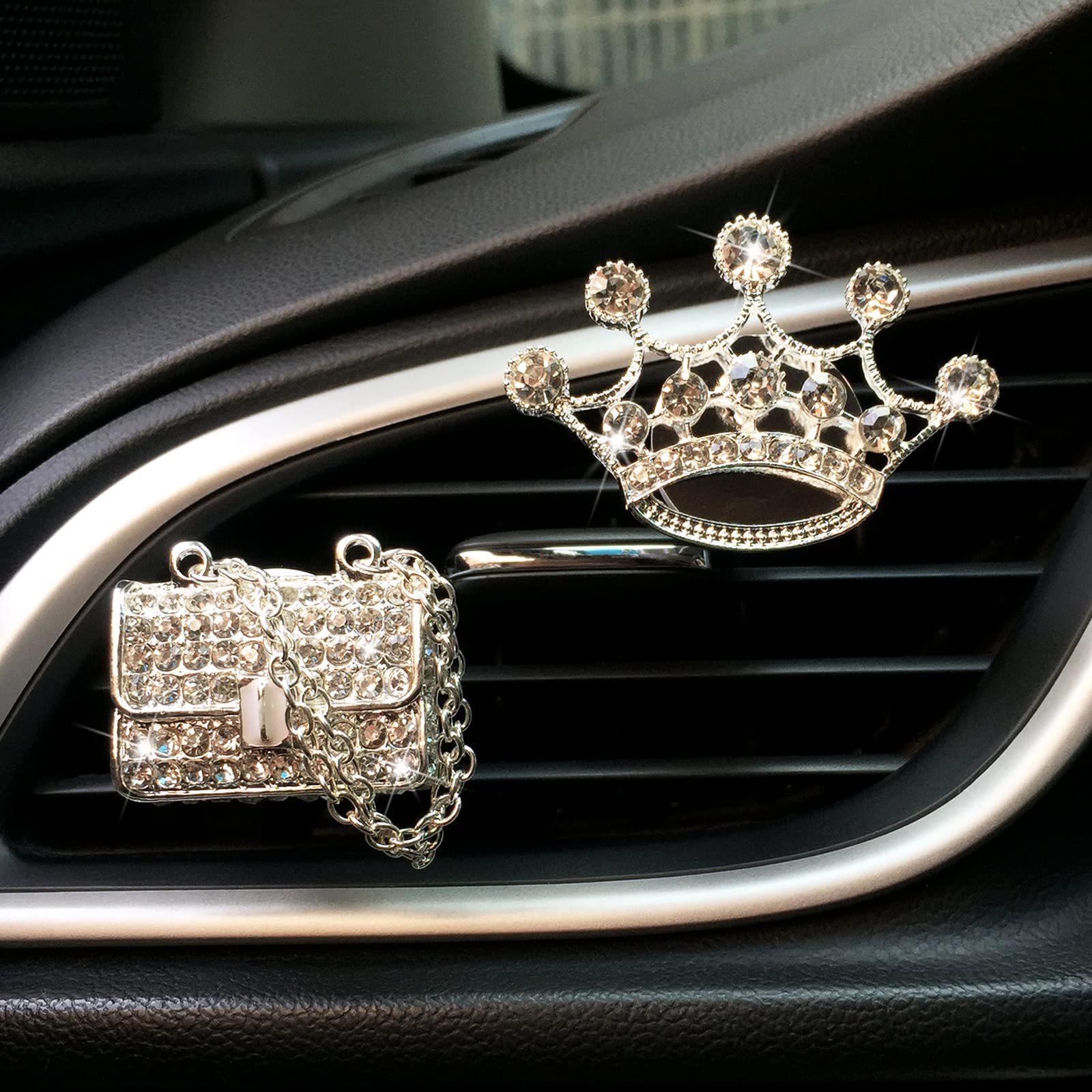 2 Pieces Crystal Crown And Bag Air Vent Clips Rhinestone Car Air Freshener Clip Bling Car Clip Gift Decorations Charm Car Inter