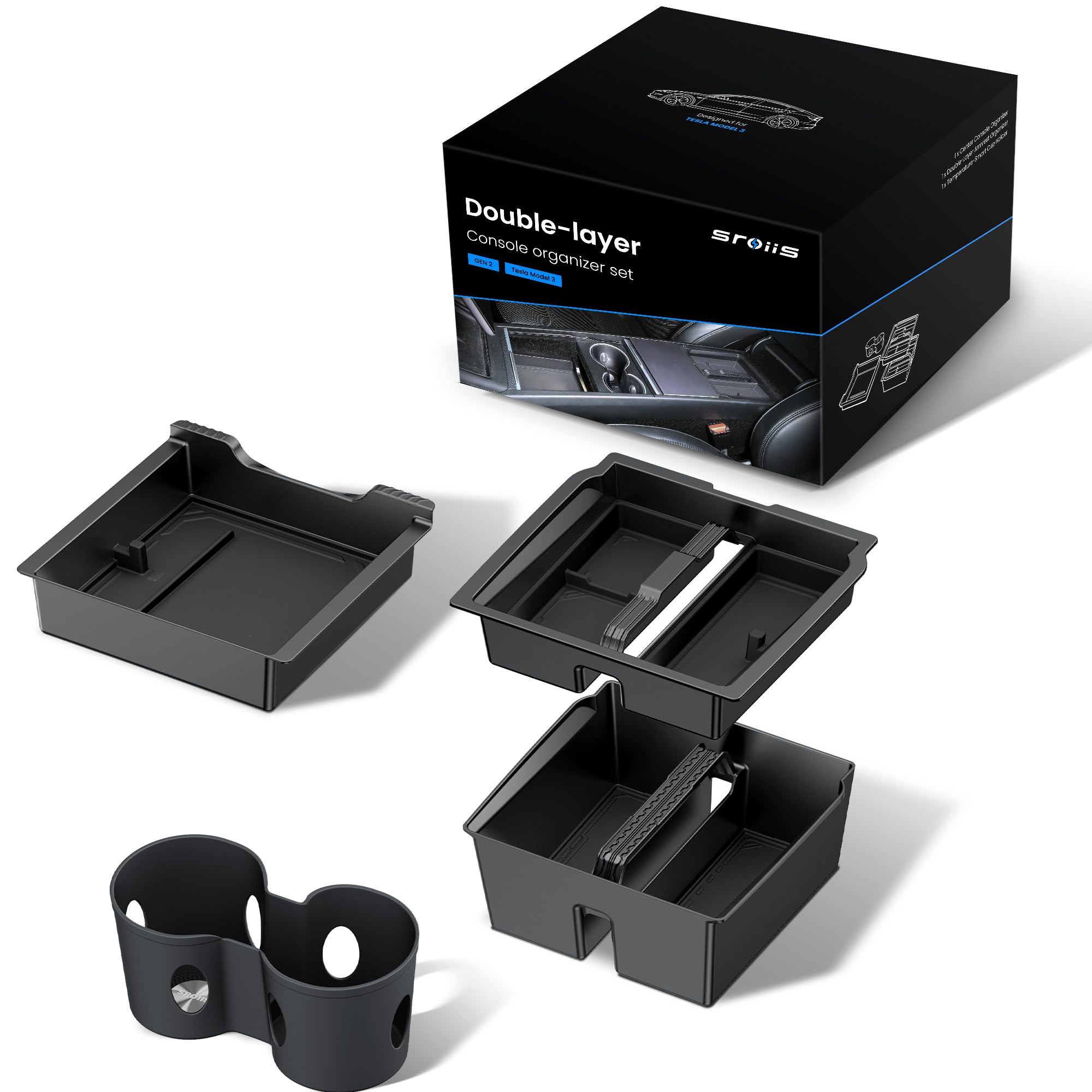Sroiis Gen 2 Double-Layer Center Console Organizer Set for Tesla Model 3 Highland Accessories (2024 2025 2026) True 2-Tier Stora