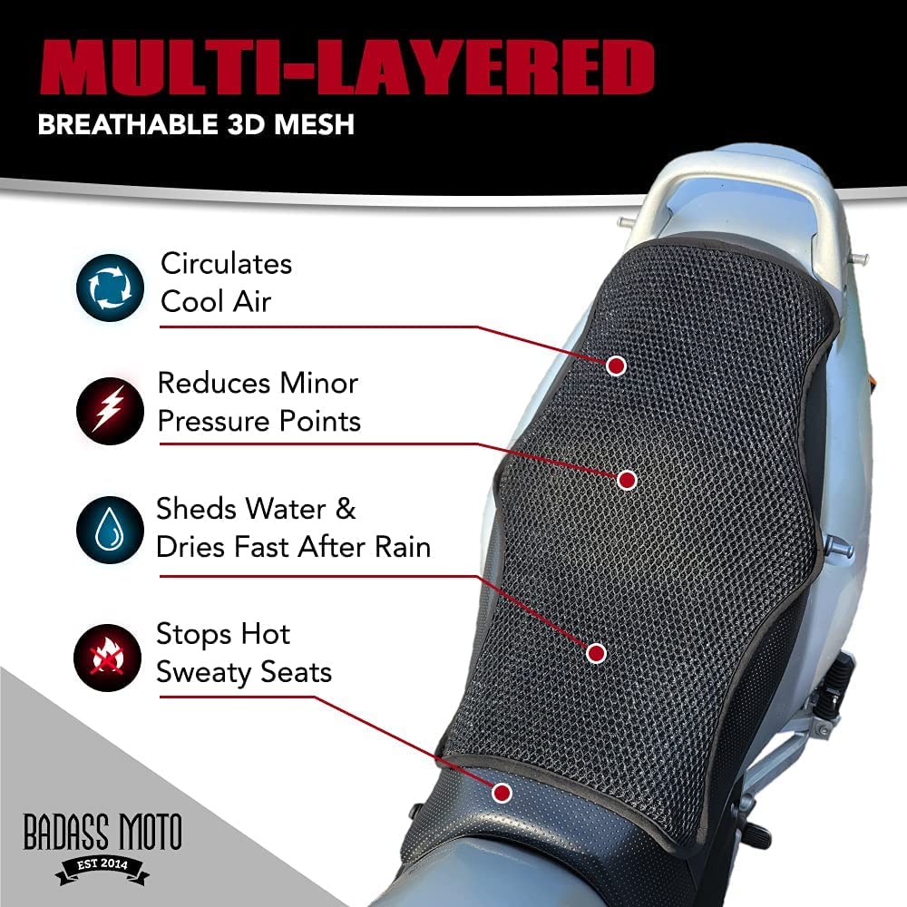 Badass Moto Air Cooling Motorcycle Seat Cushion. 3D Mesh Sport Touring Motorcycle Seat Pad. Breathable Motorcycle Seat Cover Sto