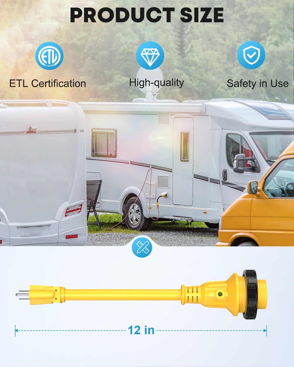 Kohree RV Adapter Plug 30A to 15A 110V, 12" Twist Lock with LED Indicator, Yellow, Model VHY011