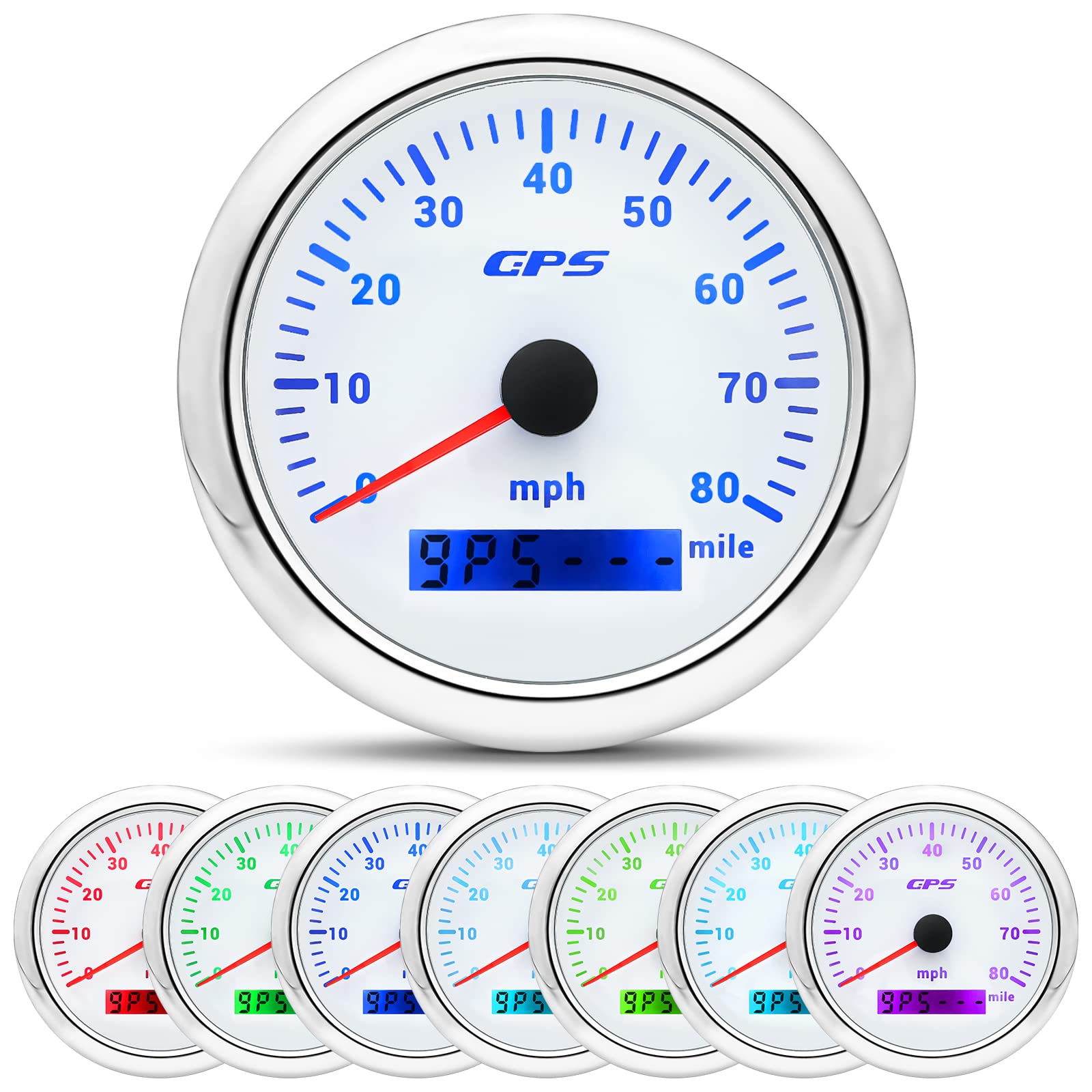 Artilaura Gps Speedometer Boat 85Mm 3-3/8'' 7 Color 80Mph Gauge Waterproof 9-32V For Marine Auto Car Motorcycle Truck (White)