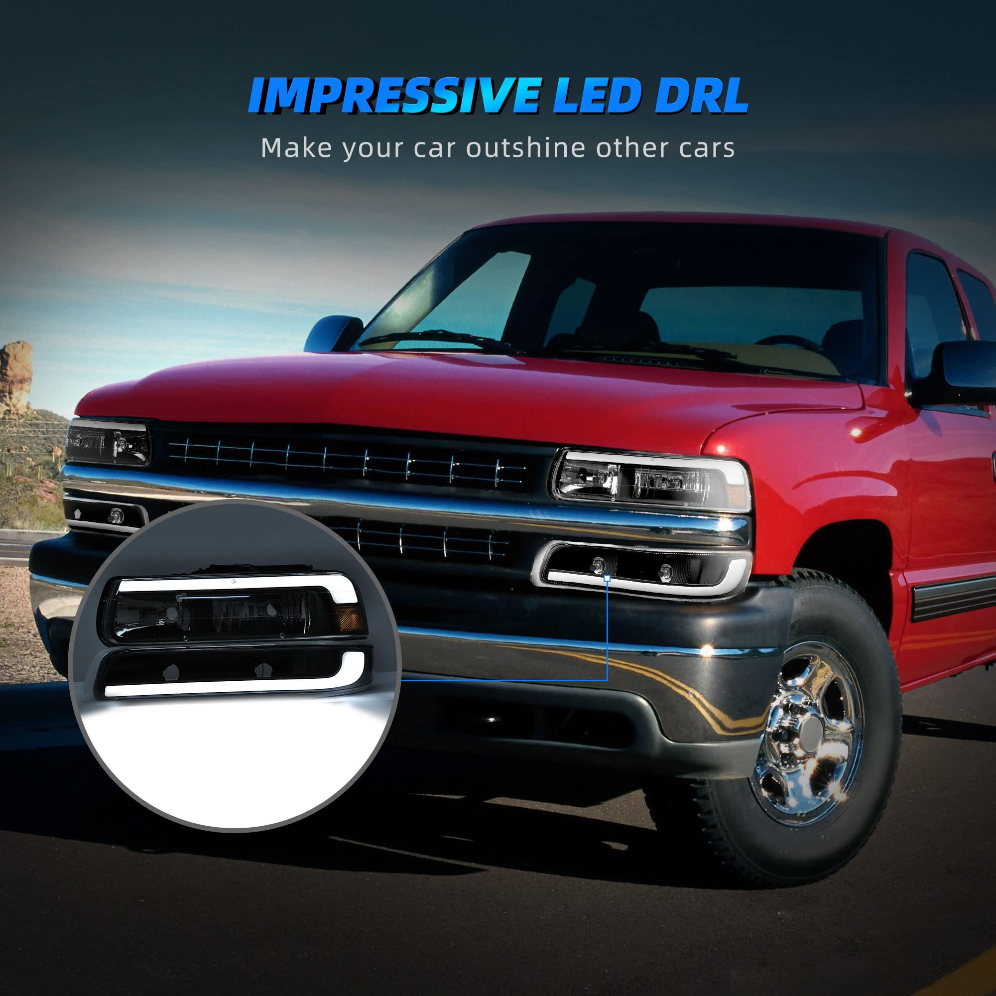 Autosaver88 Led Drl Headlight Bumper Lamps Compatible With 1999 2000 2001 2002 Chevy Silverado 2000-2006 Chevrolet Tahoe Suburba