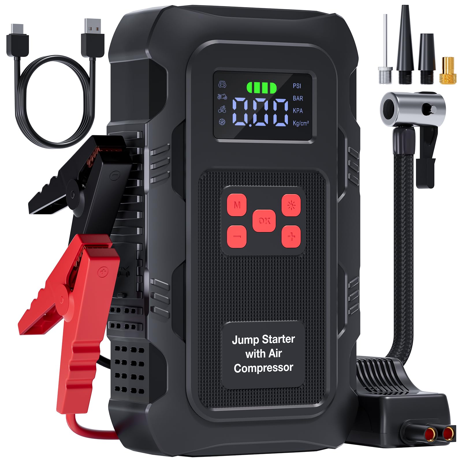 HPBS 5000A Jump Starter with Air Compressor, Portable Car Battery Jump Starter with 150 PSI Tire Inflator for Up to 10.0L Gas an
