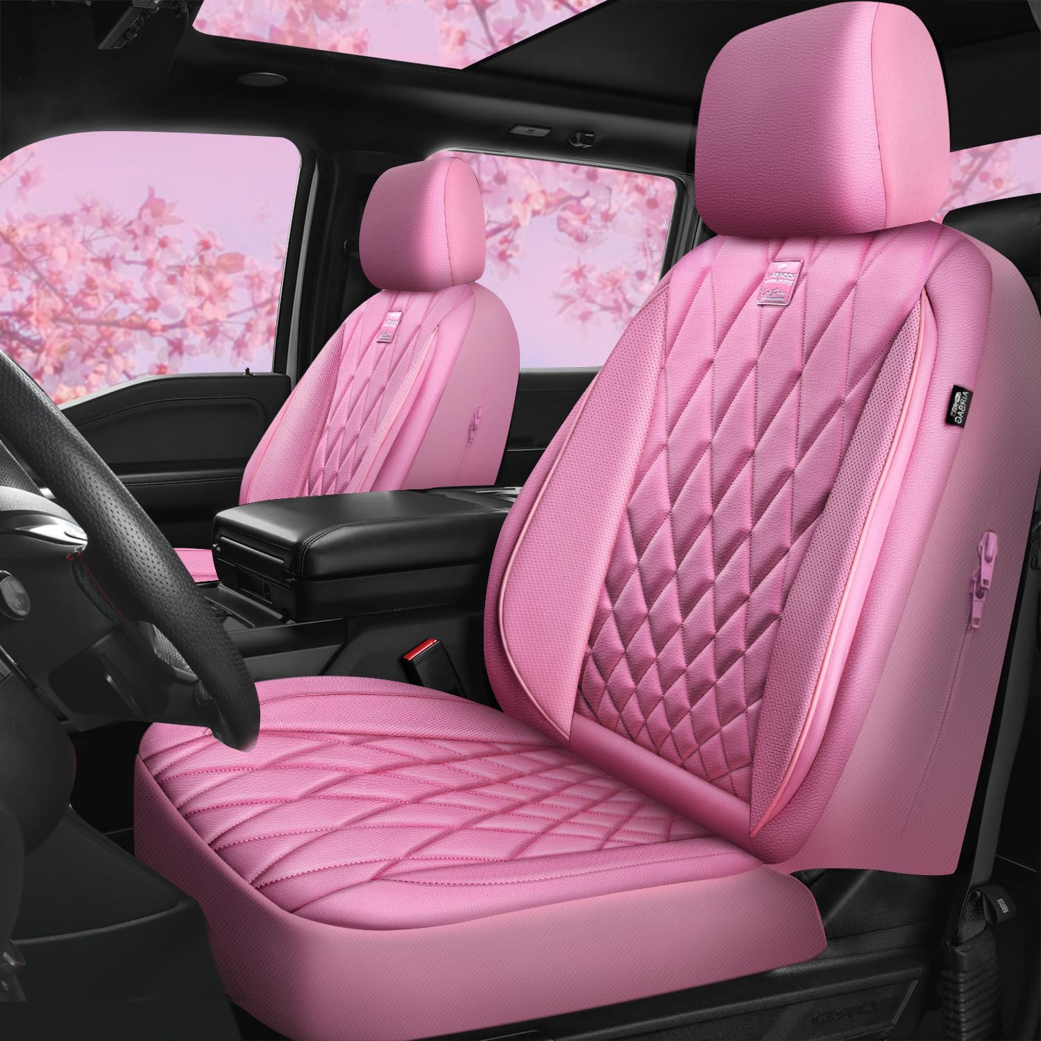 Car Pass Piping Luxury Leather Two Front Car Seat Covers, Cute Girly Waterproof Anti Slip Seat Covers Compatible With Front Seat